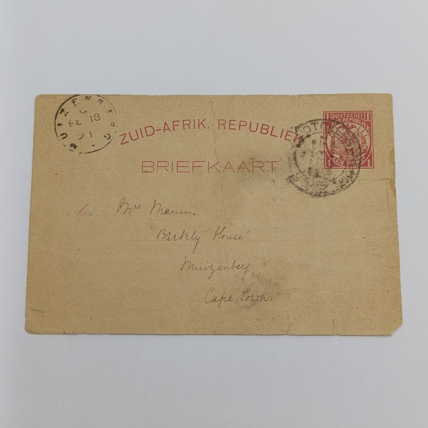 1891 Prepaid card Potchefstroom to Muizenberg with early Muizenberg cancel