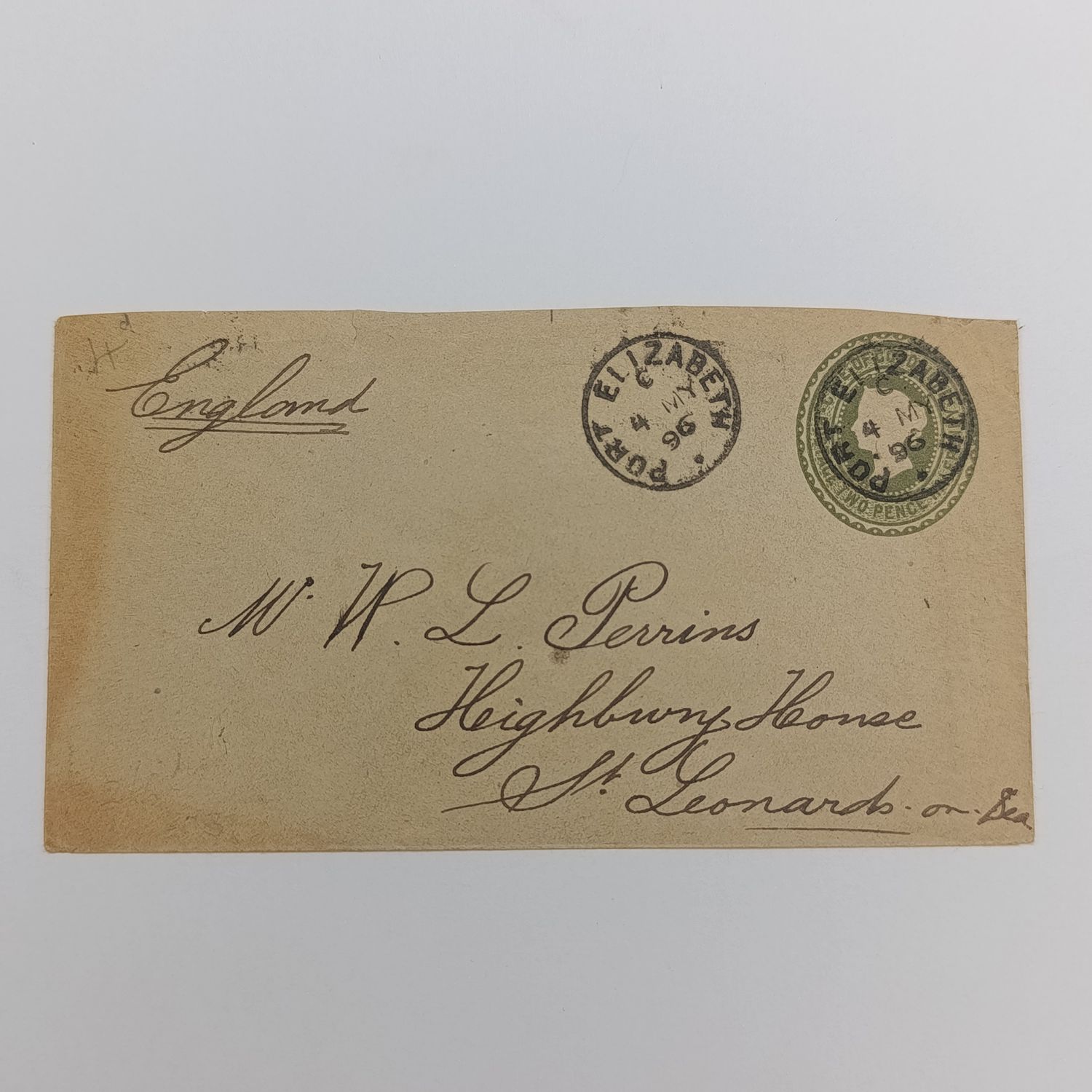 1896 Cover from Port Elizabeth, South Africa to St Leonards on Sea, England on postage