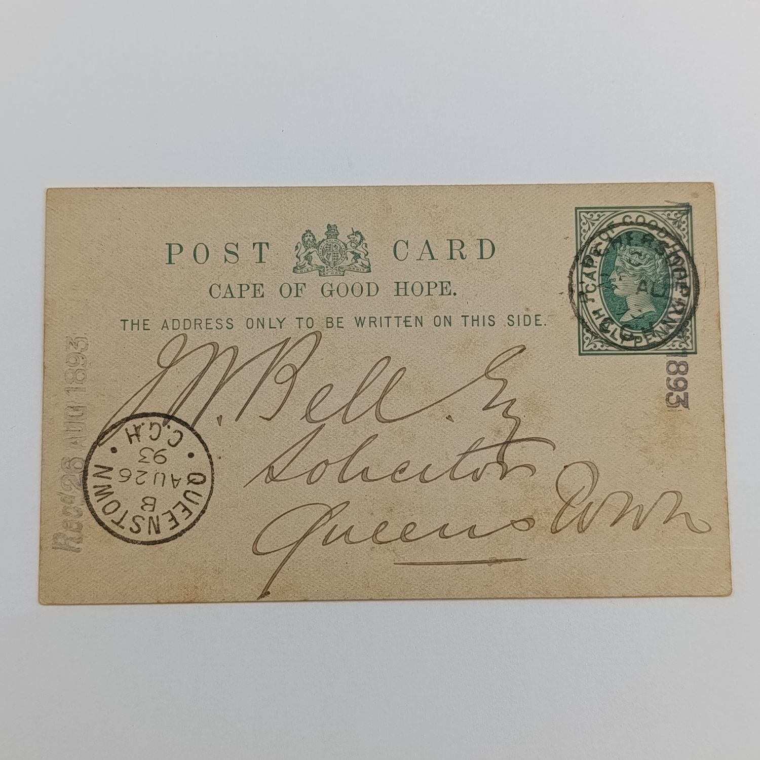 1893 Prepaid postcard half penny, Cape of Good Hope Burghersdorp to Queenstown - Received rubber stamp front and back