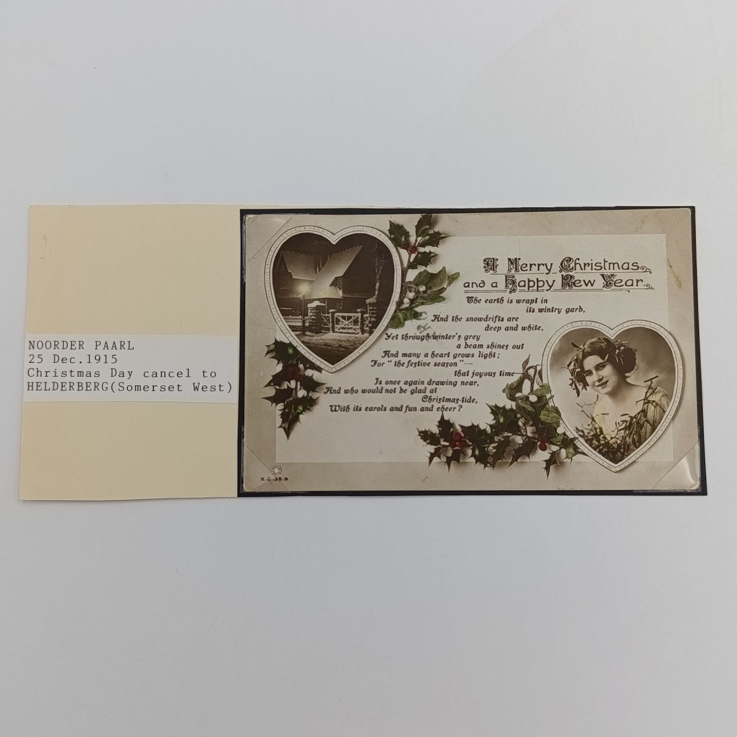 1915 WW1 period postcard - Noorder Paarl to Helderberg with Christmas Day cancel 25 December 1915