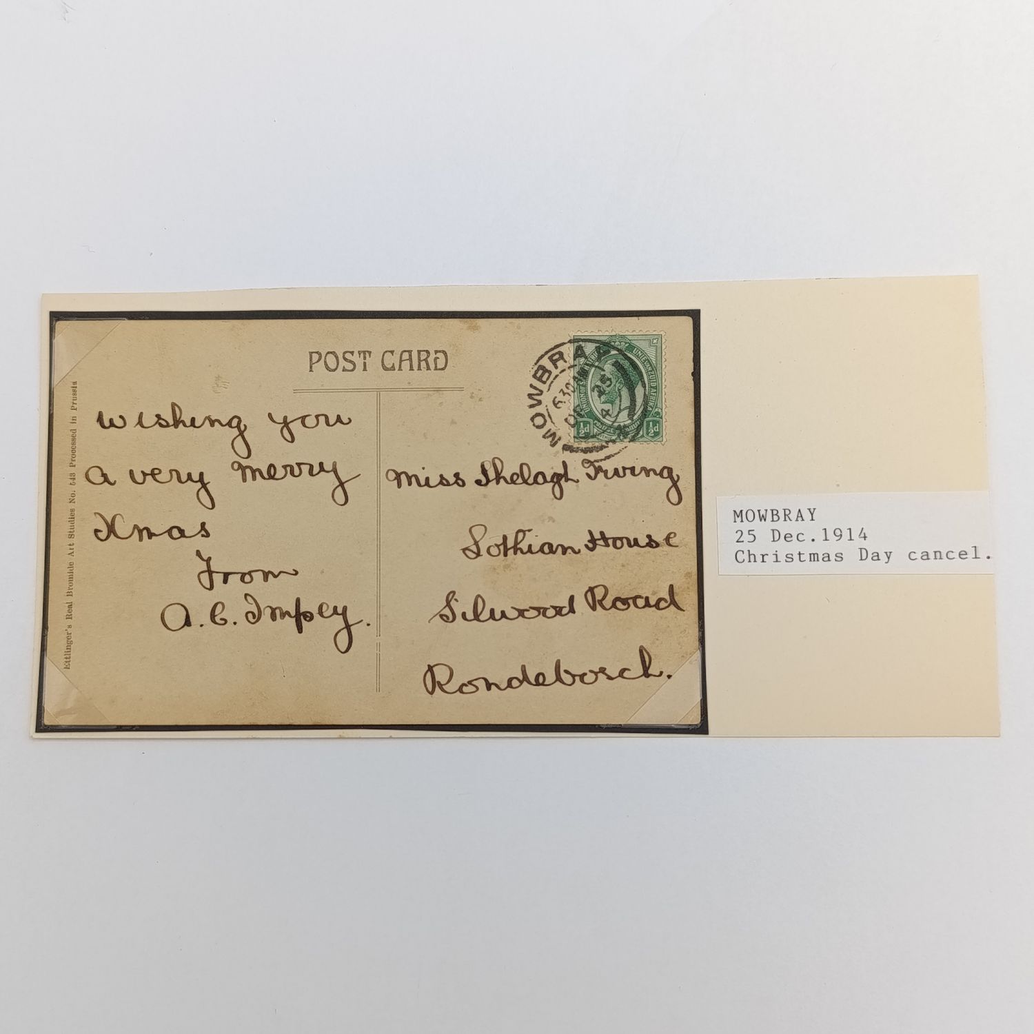 WW1 Postcard Mowbray to Rondebosch - Christmas Day cancel - 25 December 1914 Picture of young lady