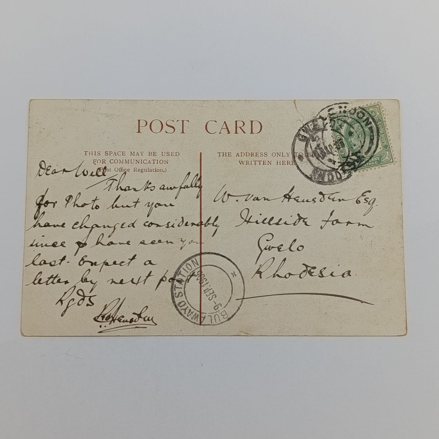 1905 Postcard from East London, South Africa to Gwelo, Rhodesia through Bulawayo station