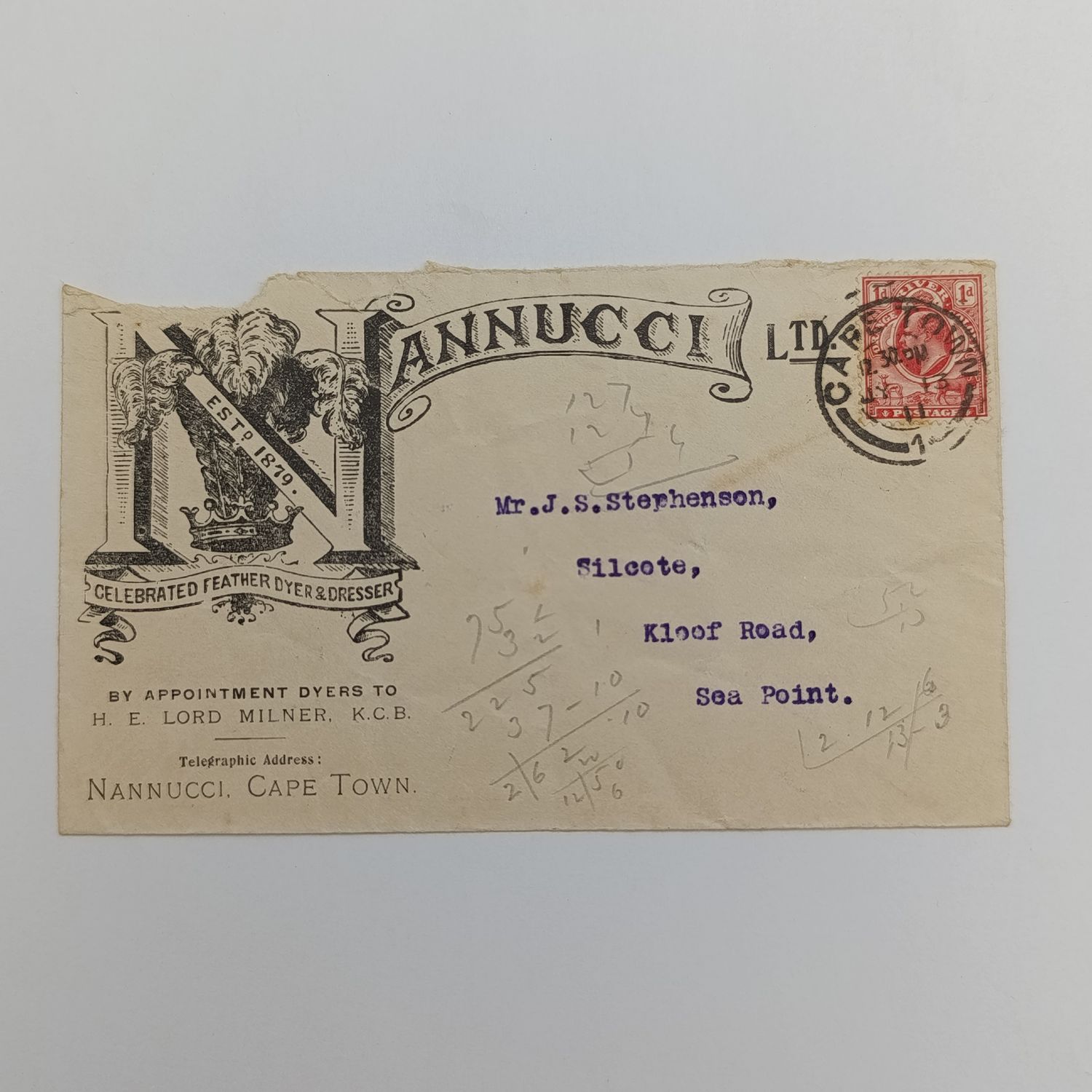 Letter set in Nannucci Stationary from Cape Town to sea Point in 1911 - Feather Dyers and Dressers - piece missing top left