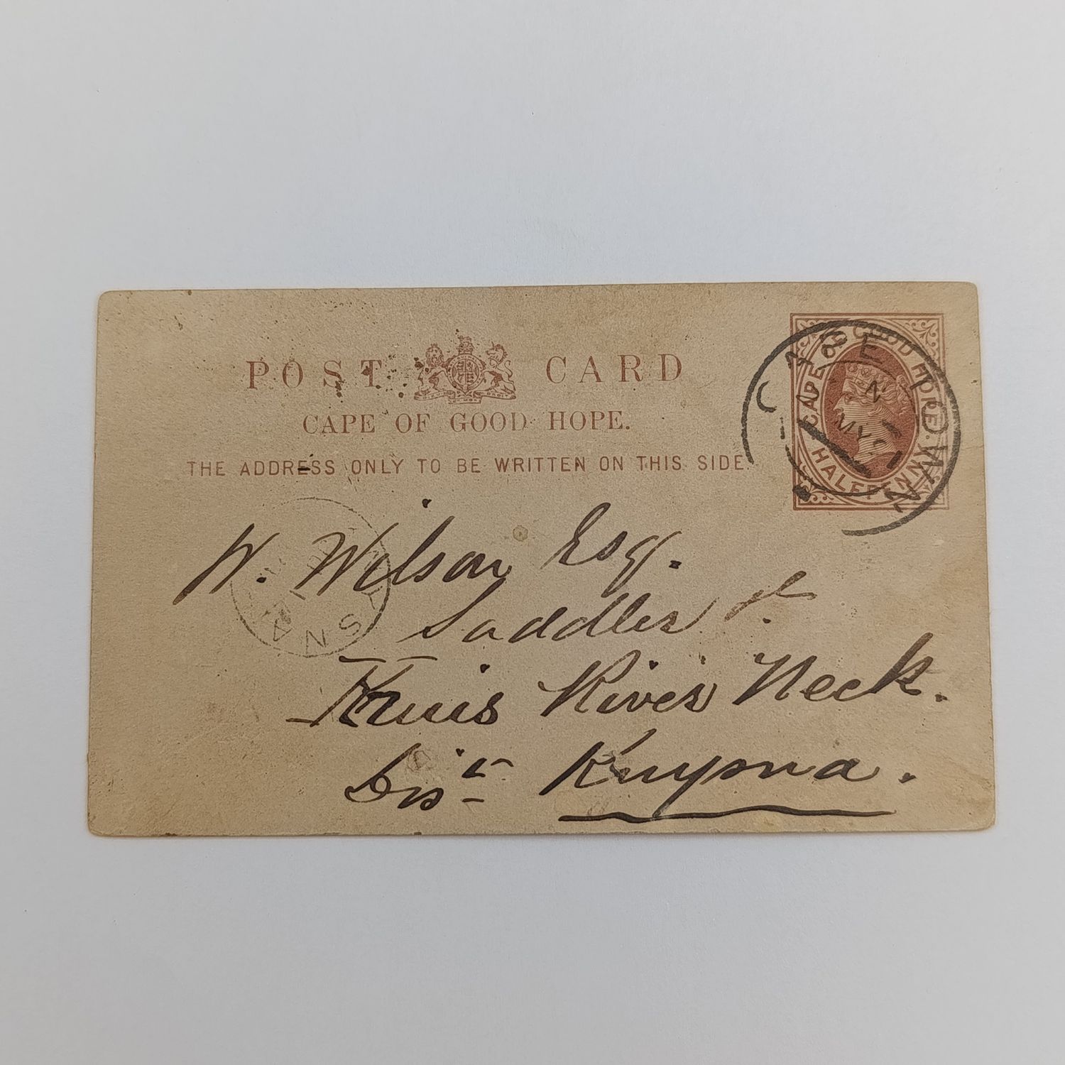 1891 Postcard with prepaid half penny postage sent from Cape Town to Knysna (Kruis River Neck) with truncated double circle datestamp of 1890