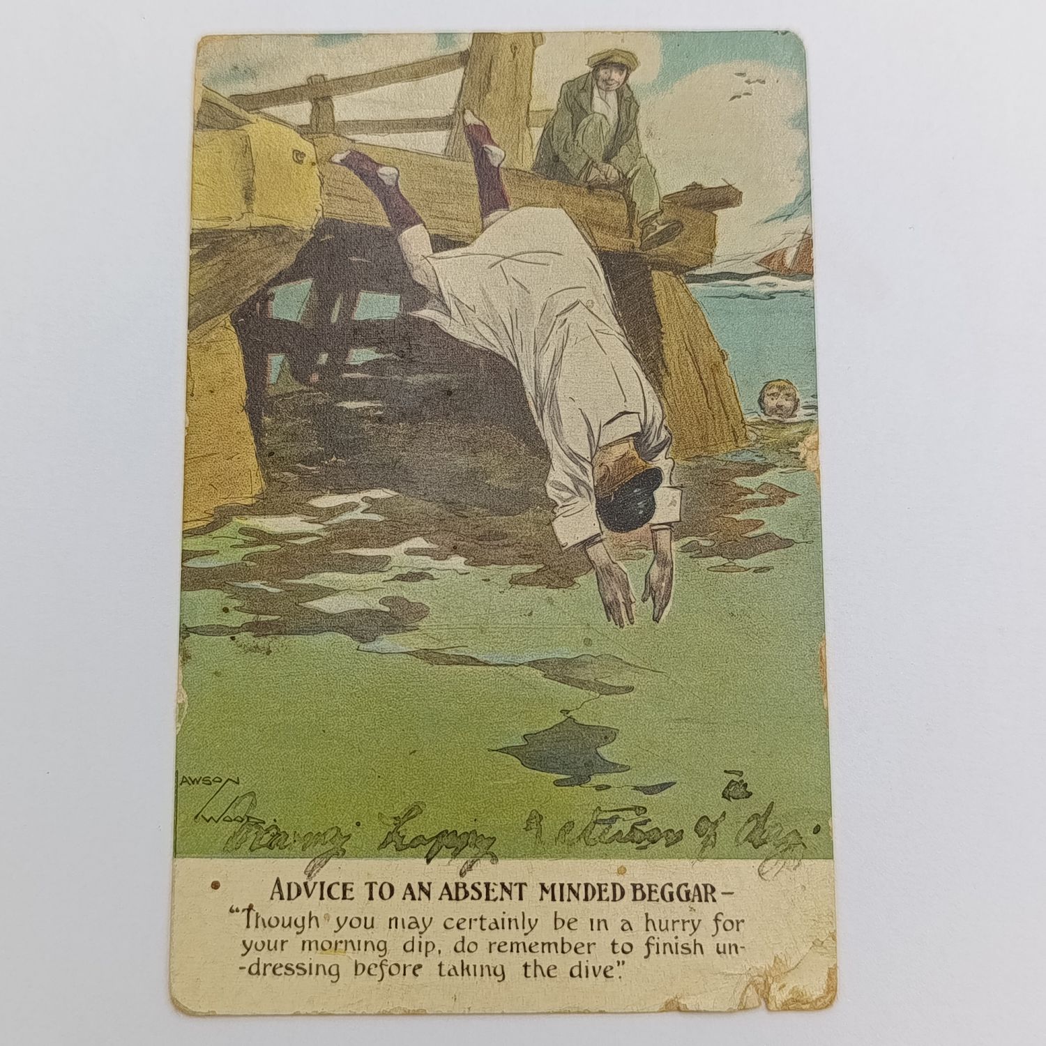 1909 Funny postcard Muizenberg to Sea Point - with three anchor Bay cancel - light damage