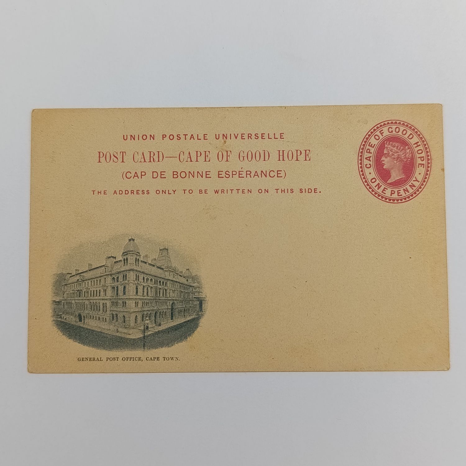 Cape of Good Hope unused pre-franked postcard (one penny) with picture of the Cape Town General Post office (French &amp; English)