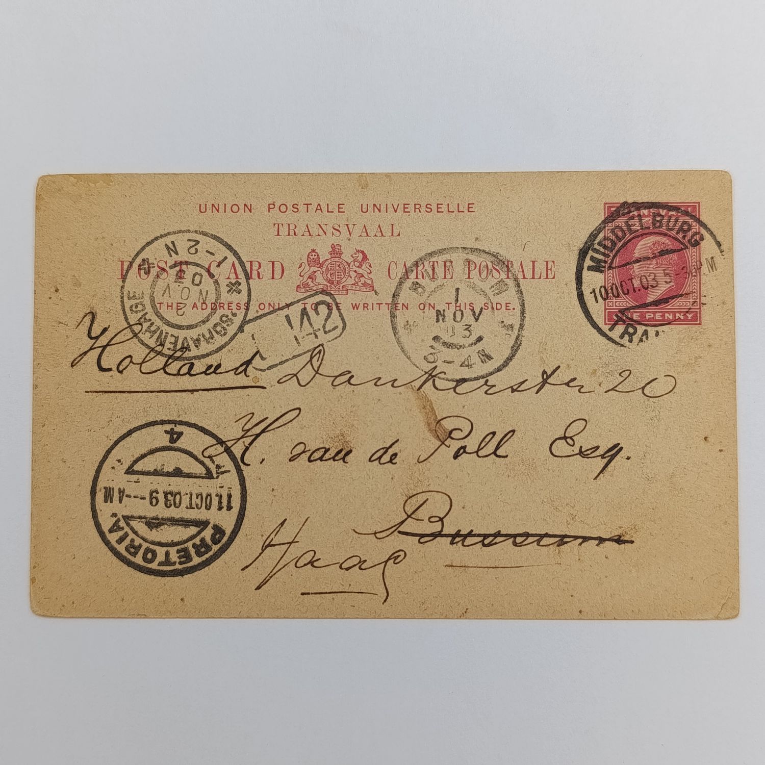 Transvaal one Penny postcard from Middelburg South Africa to Buesum Holland 10 October 1903 with Middelburg cancellation, Pretoria cancellatio, s gravenhage cancellation, Buesum cancellation