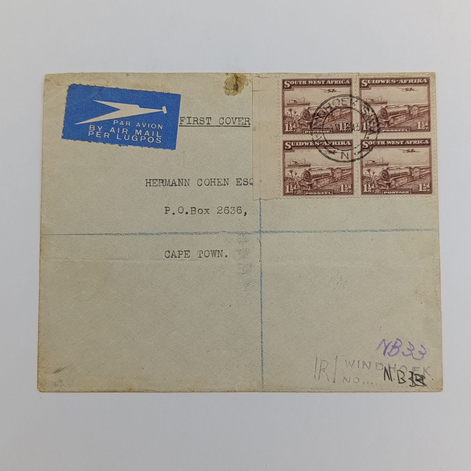 First day cover Airmail Windhoek South West Africa to Cape Town South Africa March 1937 SACC 123 two horizontal pairs with Windhoek Native cancellation "N" - Registered - small tear at the top