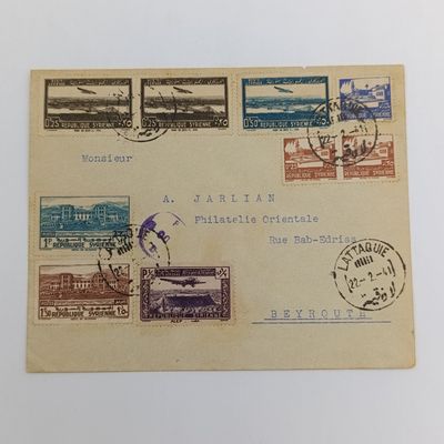 WW2 Cover from Lattaquie Syria to Beyrouth Lebanon with 9 x Syria stamps cancelled on 22 Feb 1941 and backstamped Beyrouth RP 23-2-1941 - also unknown purple cancel on front