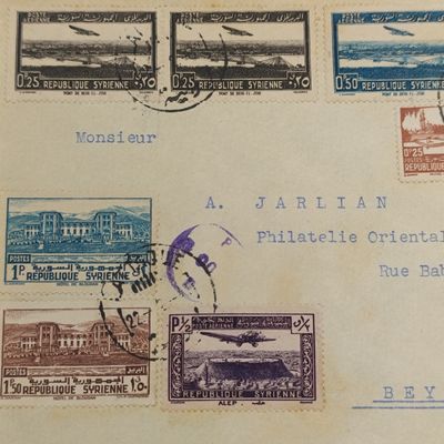 WW2 Cover from Lattaquie Syria to Beyrouth Lebanon with 9 x Syria stamps cancelled on 22 Feb 1941 and backstamped Beyrouth RP 23-2-1941 - also unknown purple cancel on front