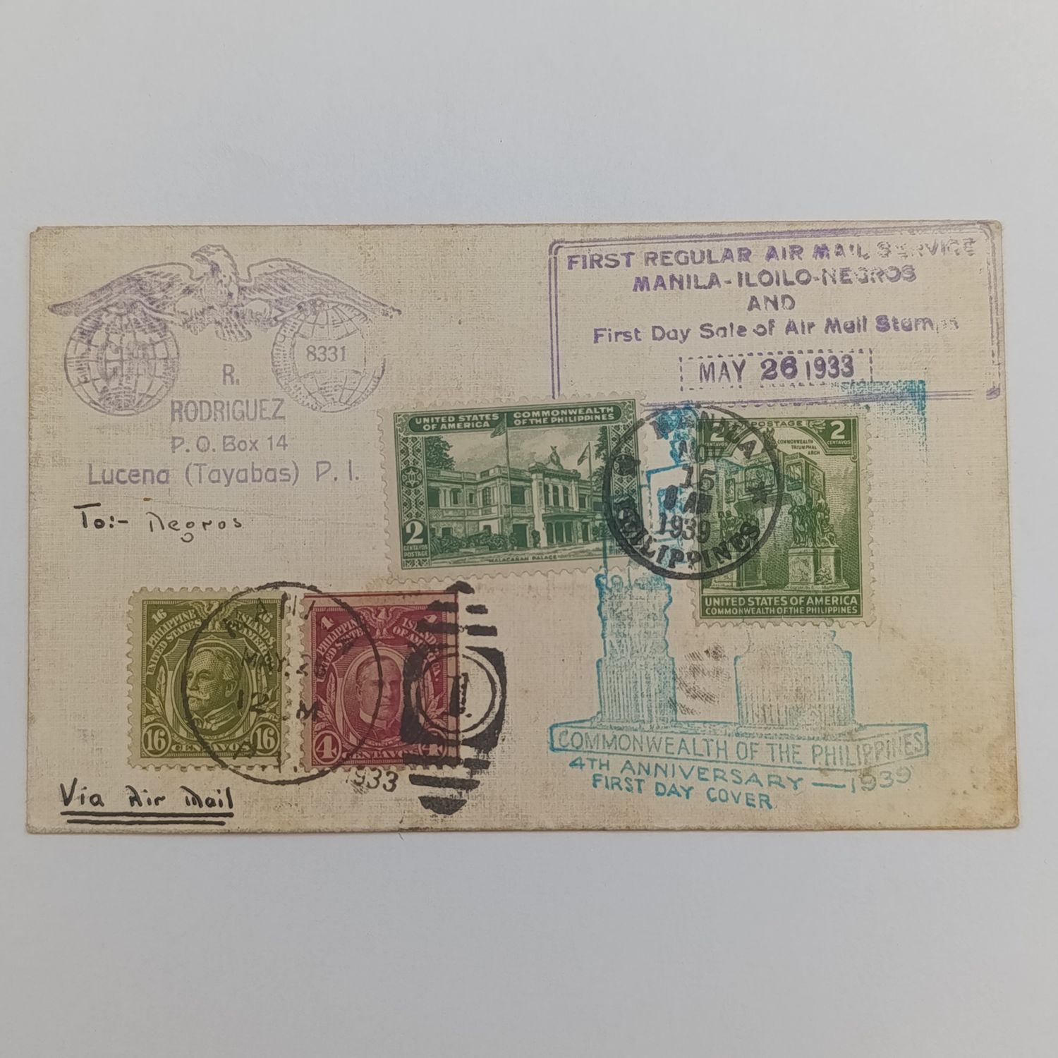 Airmail cover First regular Air mail service manila - Iloilo - Negros Philippines - First day cover