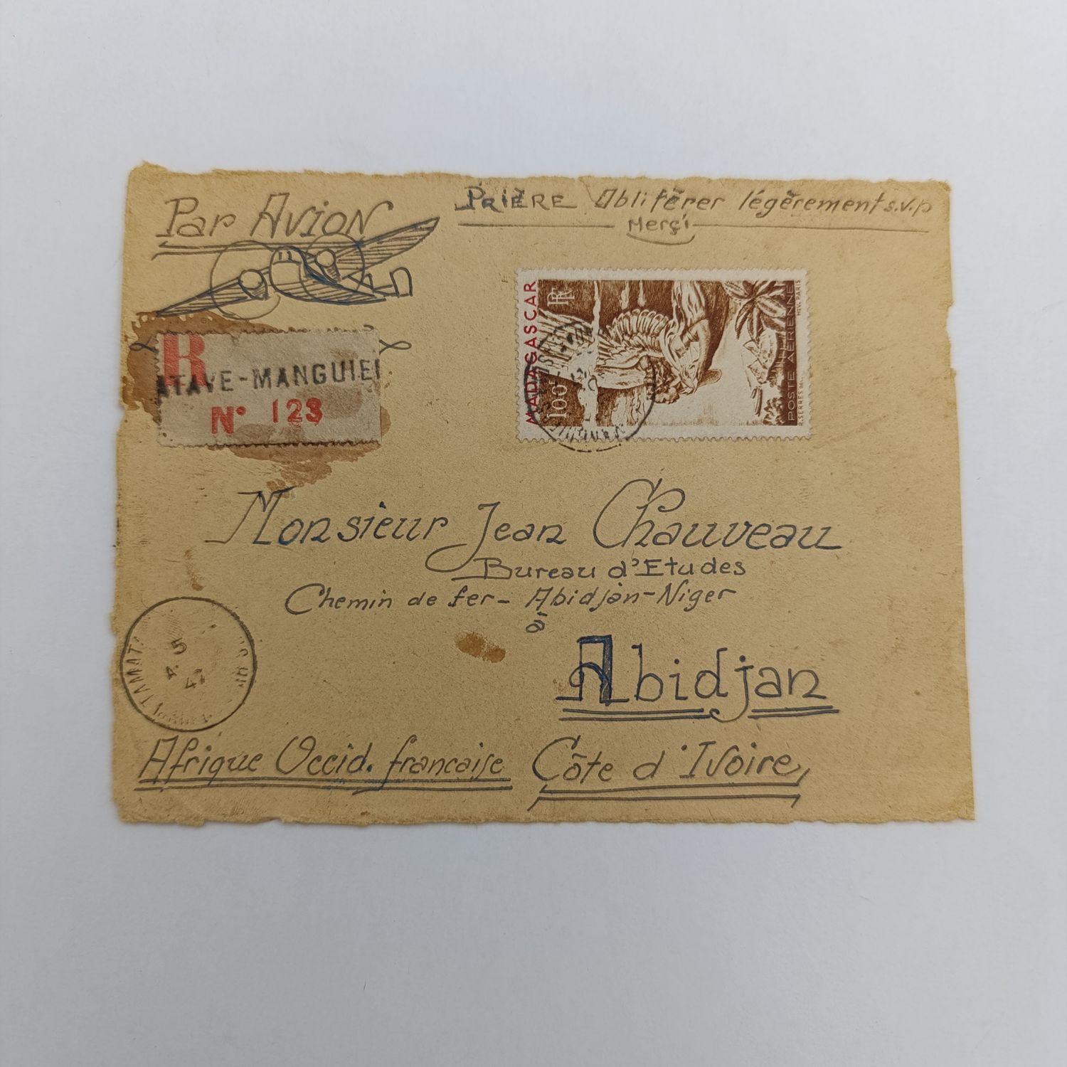 Airmail cover front 1947 Madagascar to Abidjan to Ivory Coast - rare with registered label with Madagascar 100F stamp