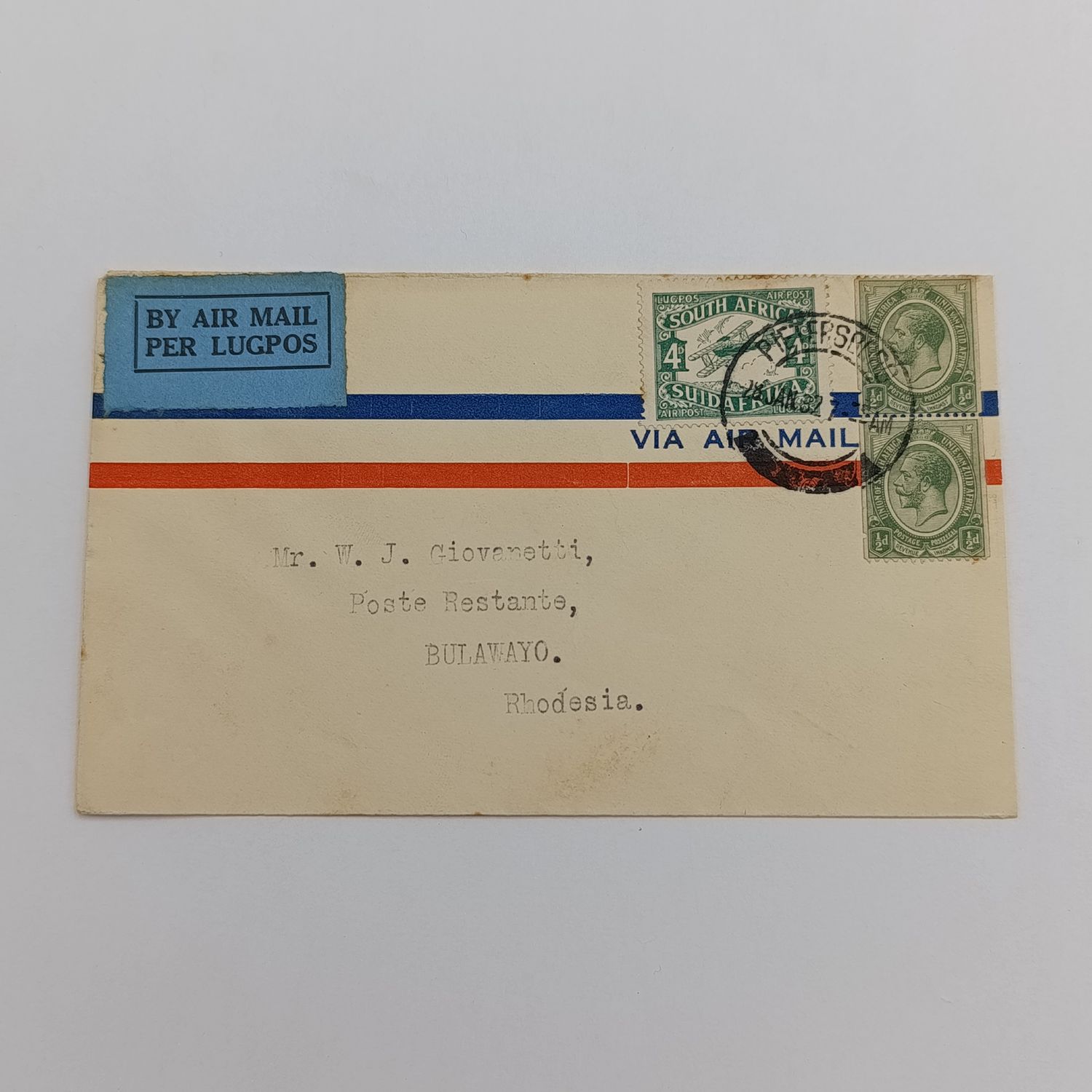Airmail cover from Pietersburg South Africa to Bulawayo Rhodesia 28 January 1932 with pair of 1/2d coil stamps and SACC 40 stamps