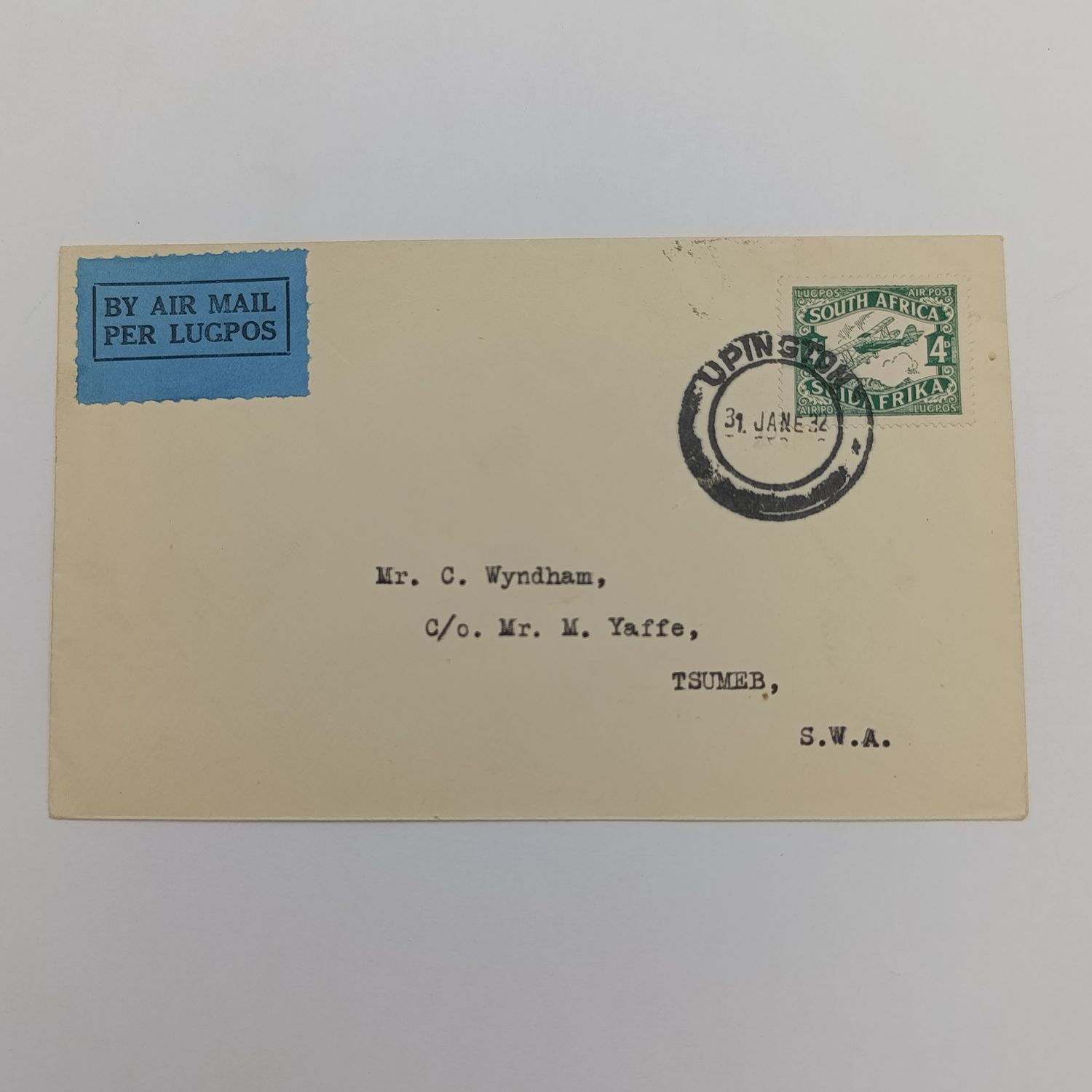 Air Mail cover Upington South Africa to Omaruru SWA with SACC 40 stamp cancelled Upington 31 Jan 1932 with light blue airmail label backstamped Omaruru and Windhoek Kimberley