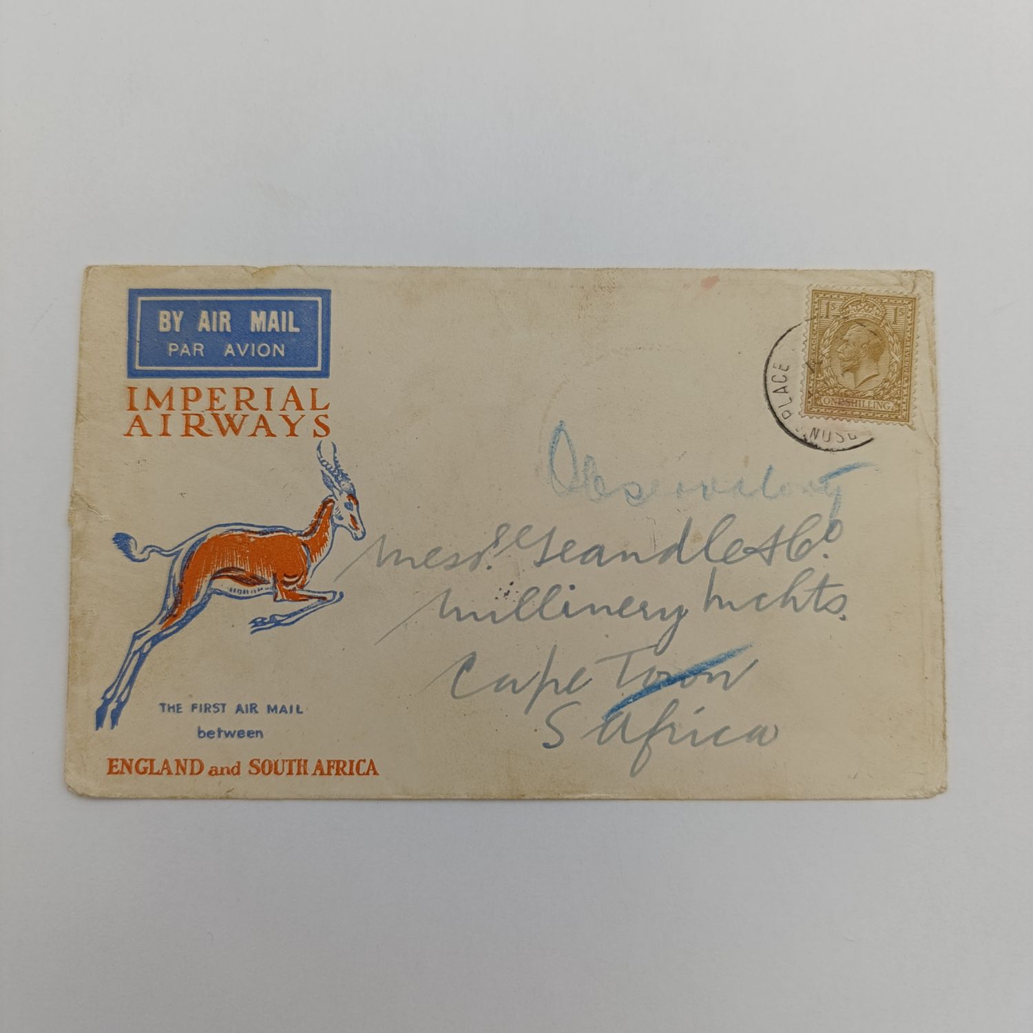 Imperial Airways First Air Mail cover from England to South Africa with British one Shilling stamp SG449 and unclear cancellation