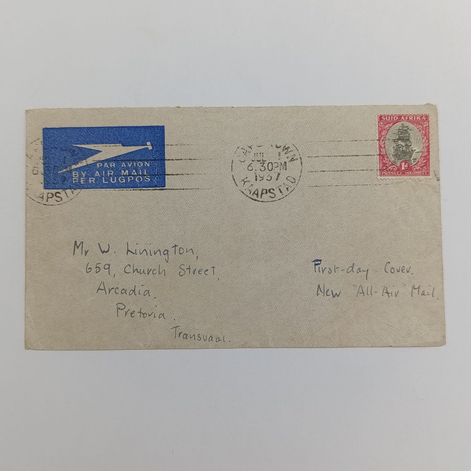 Air Mail cover from Cape Town to Pretoria 1 July 1937 - All-Air-Mail - with SACC 56 and Cape Town roller cancellation - First All Air mail flight