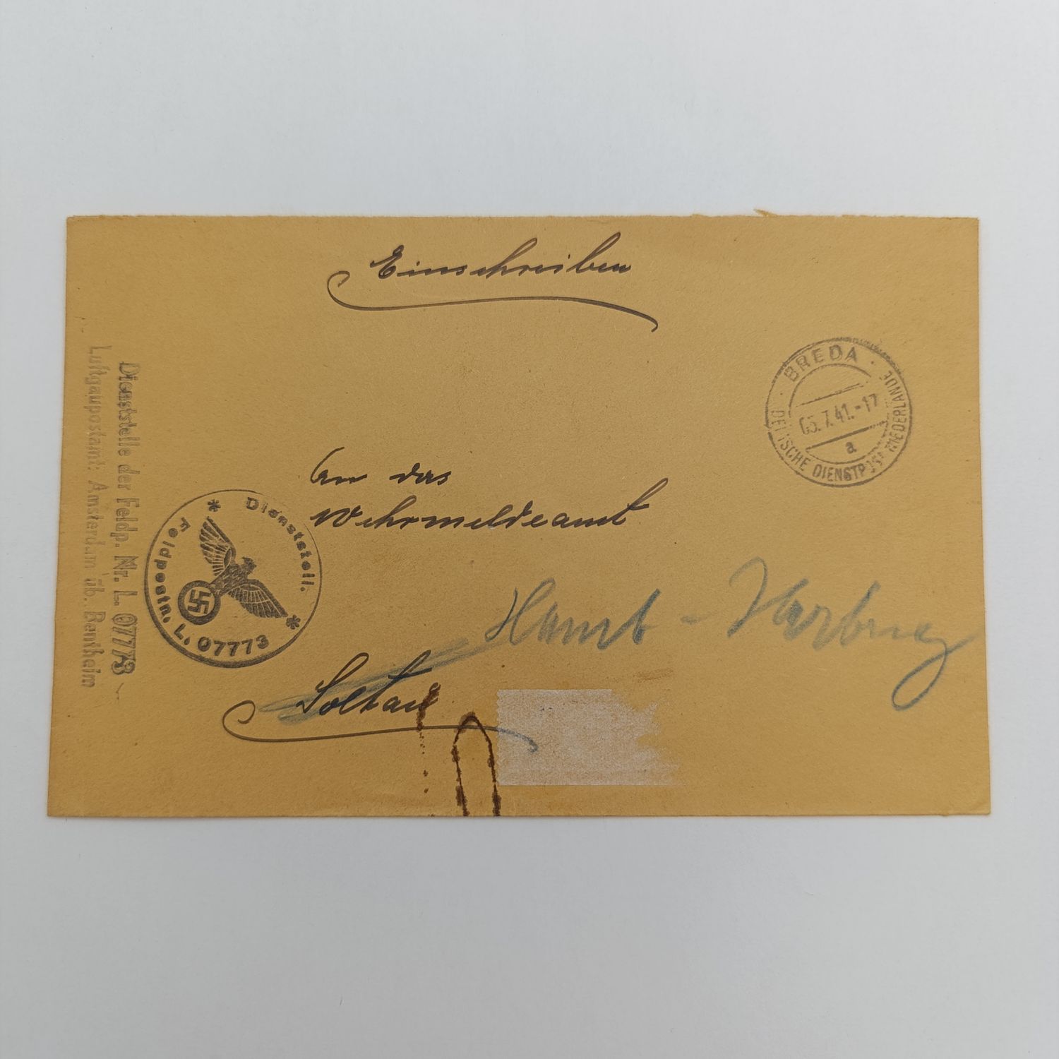 1941 Nazi occupation of Netherlands Deutsche Dienspost from Breda to Hamburg Feldpost rubber cancel - rarely seen