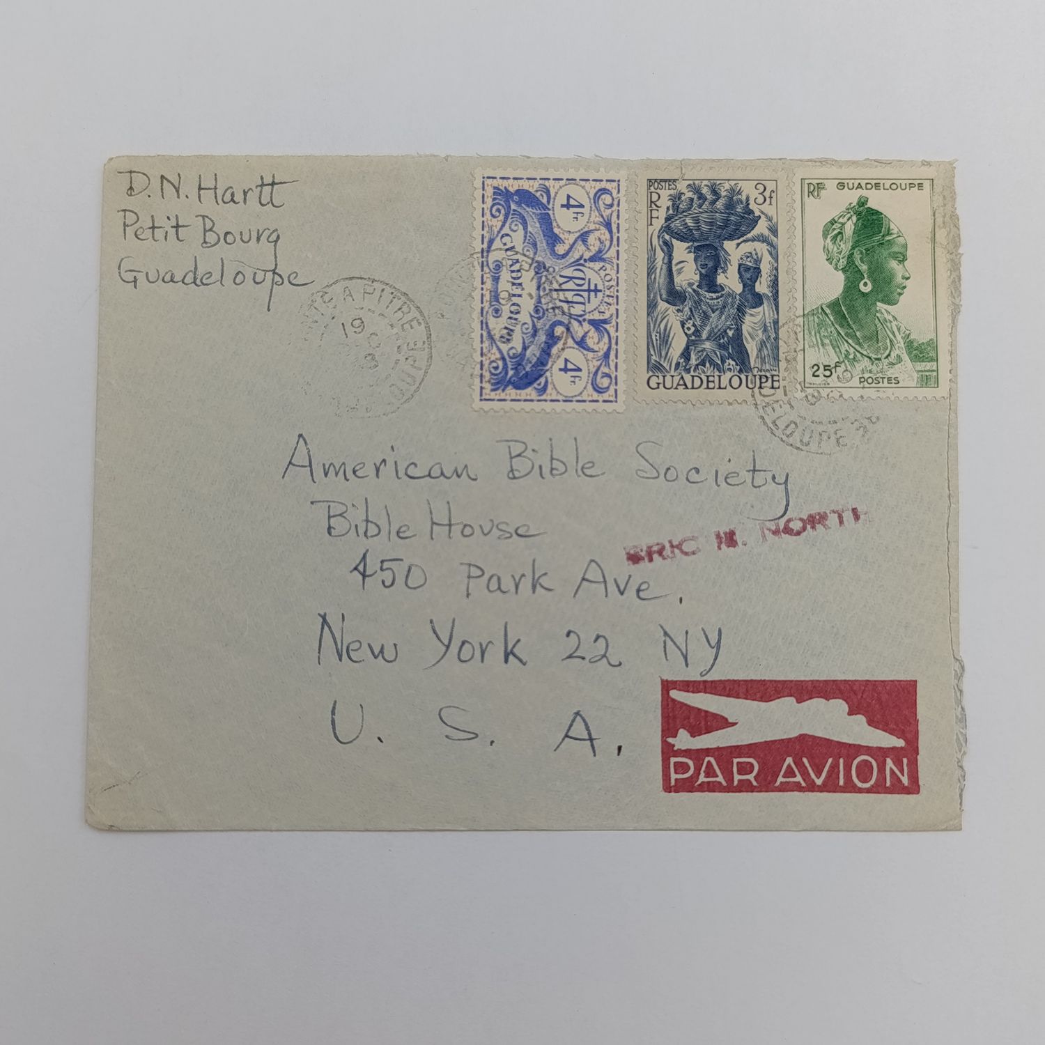 Airmail cover from Guadeloupe to America Bible society New York with 3 Guadeloupe stamps cancelled