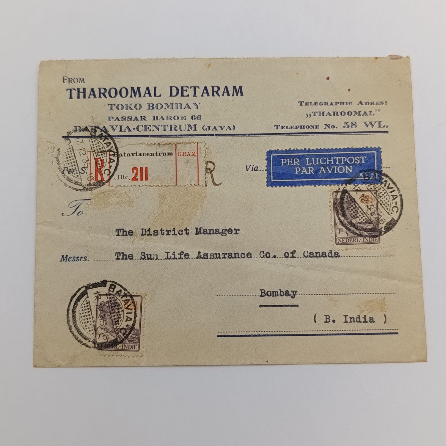 Airmail Cover Batavia to Bombay British India with 2 Nederlandsche India stamps with Batavia C cancellation 17-12-1935 with registration