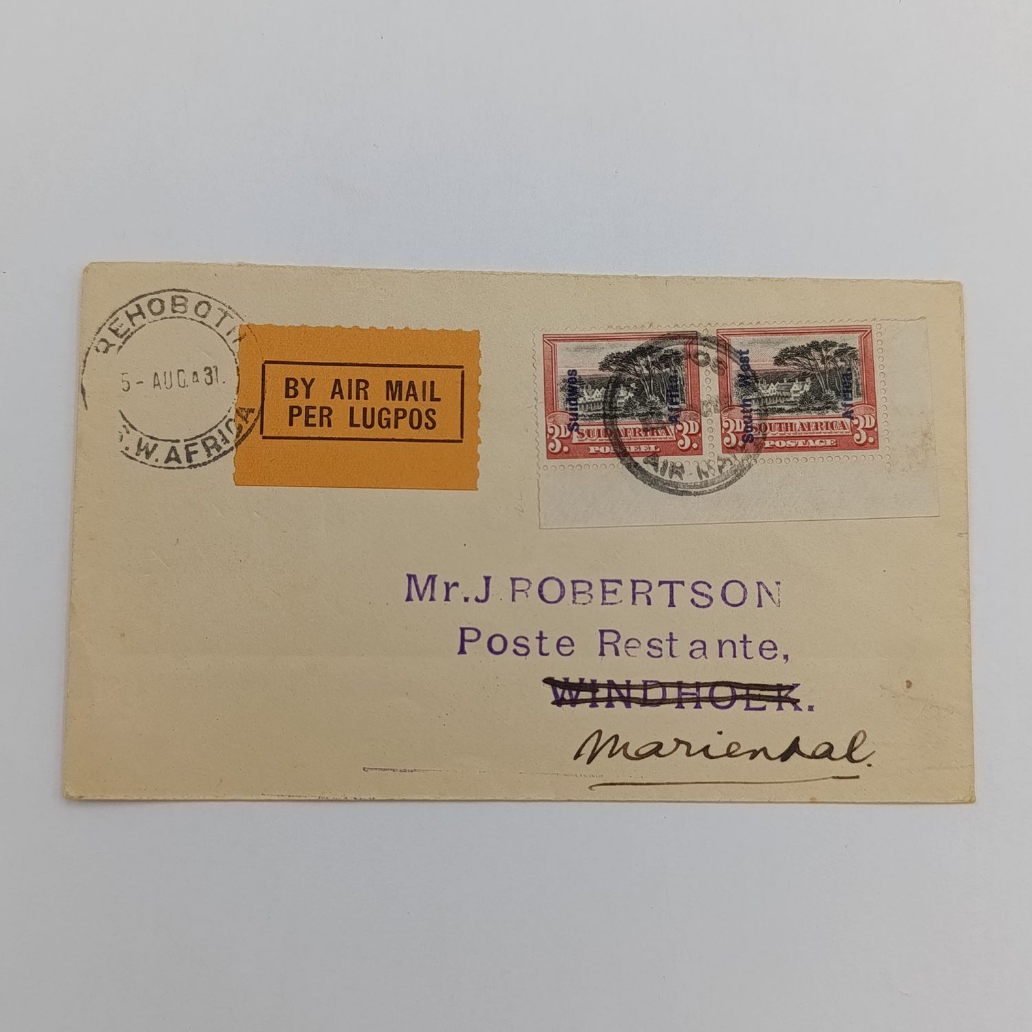 Air Mail letter cover from Rehoboth SWA to Mariental SWA 5 August 1931 with Scarce SACC 76 pair on - Rehoboth Air Mail cancellation and normal Rehoboth cancellation - orange air mail label