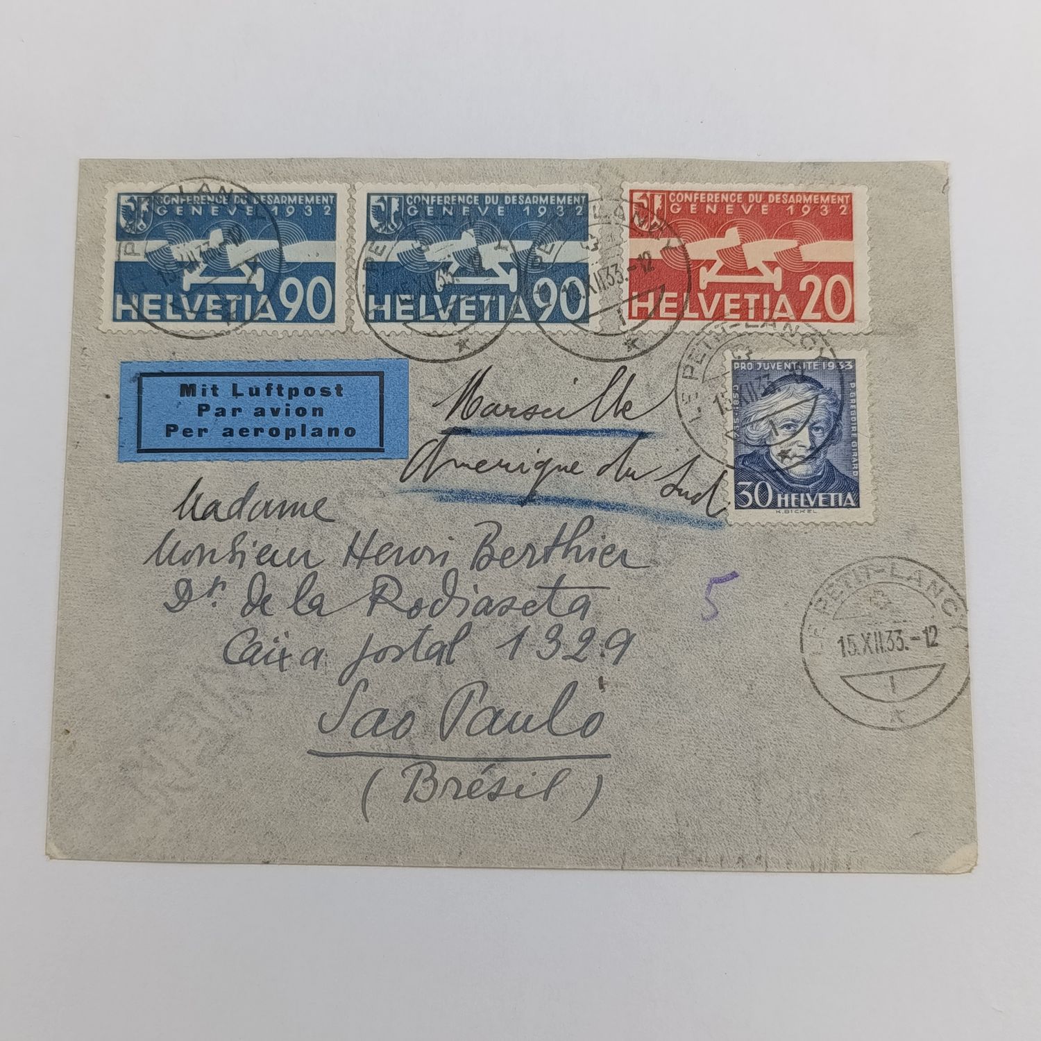 Air mail cover Petit-Lancy Switzerland to SAO Paulo Brazil cancelled 15-12-1933 with blue per aeroplane label backstamped SAO Paulo 23-12-1933 - with 2 scarce 1932 issue SG 346 Swiss stamps