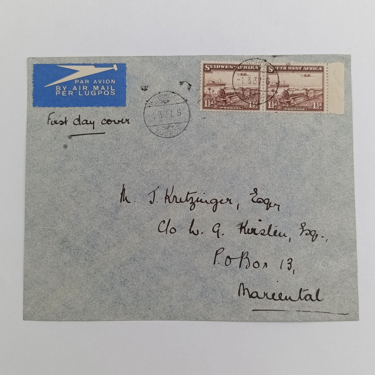 First Day cover Air mail Windhoek to Mariental posted 1 March 1937 and arrived 3 March 1937 with 2 SACC 123 stamps (Afrikaans English horizontal pair)