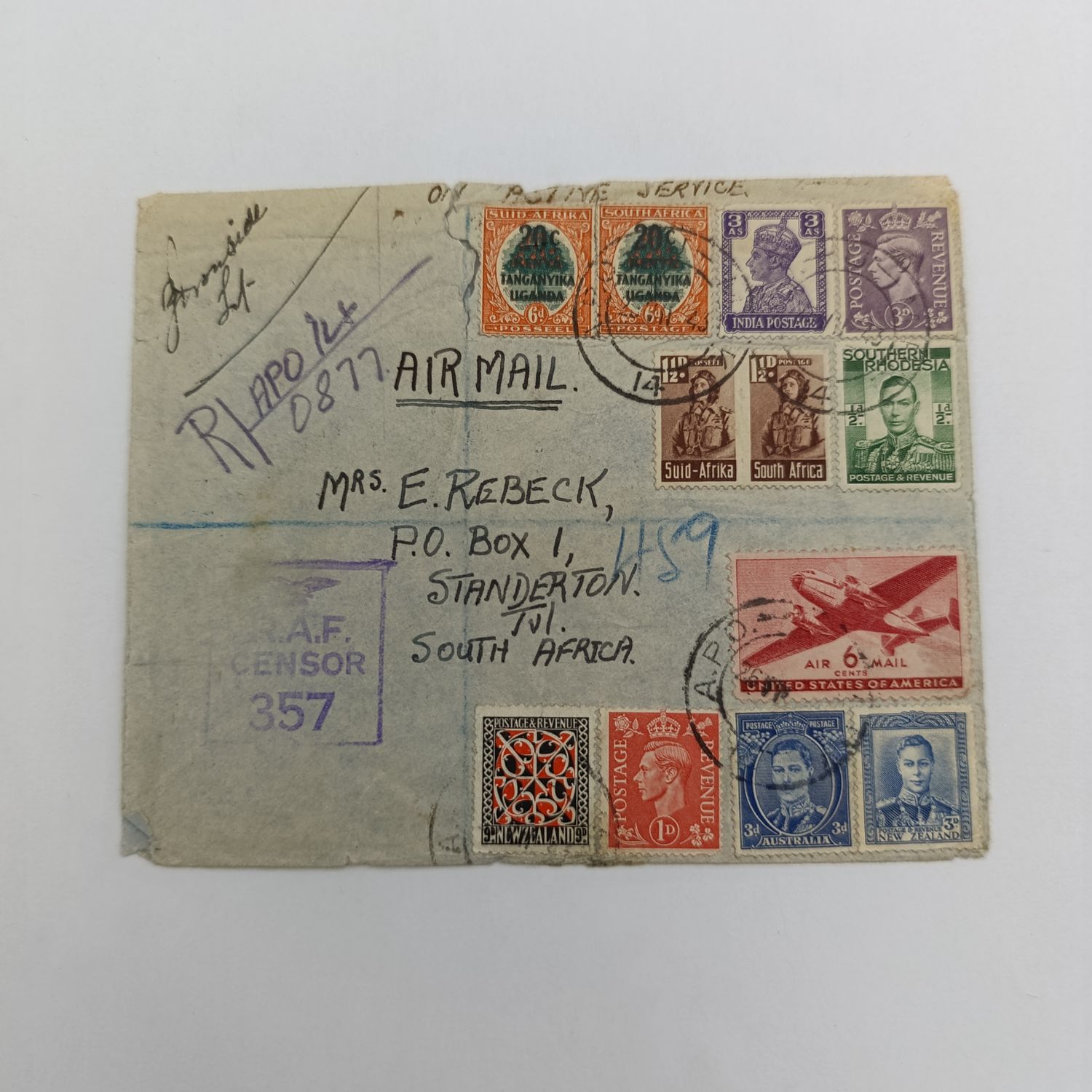 Airmail cover - registered with RAF censor - from Army Post Office 14 to Standerton South Africa with 12 stamps from 9 different countries posted 26-7-1943 - arrived 6-8-1943-4