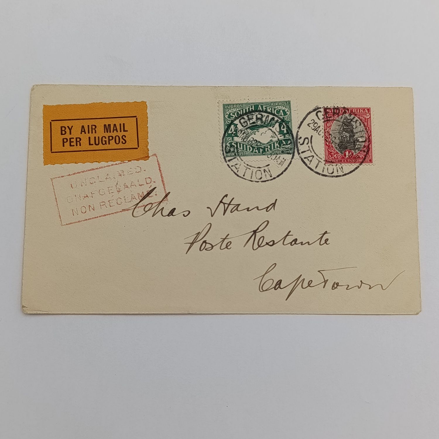 Registered Air Mail cover from Zendelingsfontein South Africa via Klerksdorp and Berlin to Northeim Germany 10 July 1934 on pre-printed Stationary with 4d embossed stamp uprated with two 6d SACC