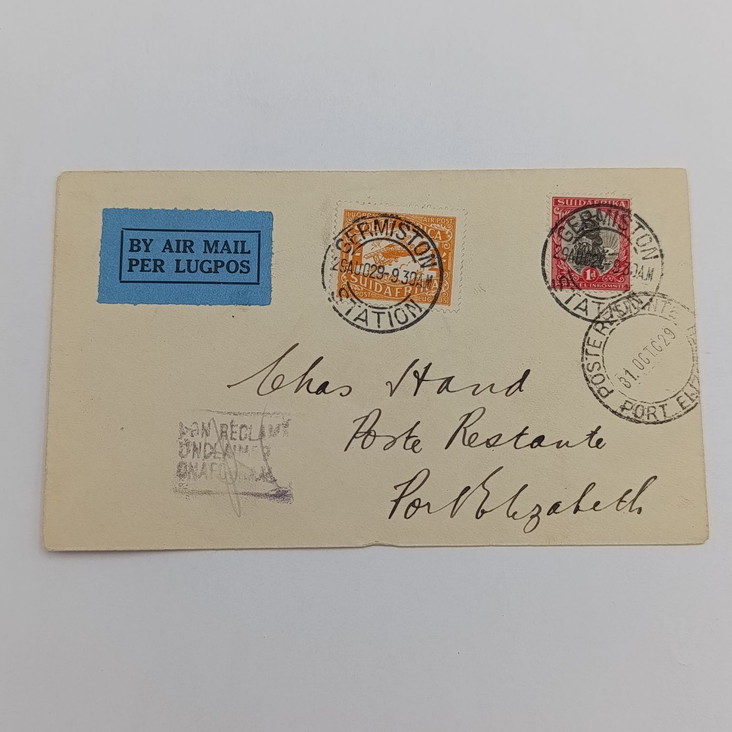 Airmail Cover from Germiston to Port Elizabeth with SACC41 &amp; SACC 30 stamps cancelled Germiston Station with Air Mail label &amp; unclaimed cachet backstamped Poste Restante Port Elizabeth