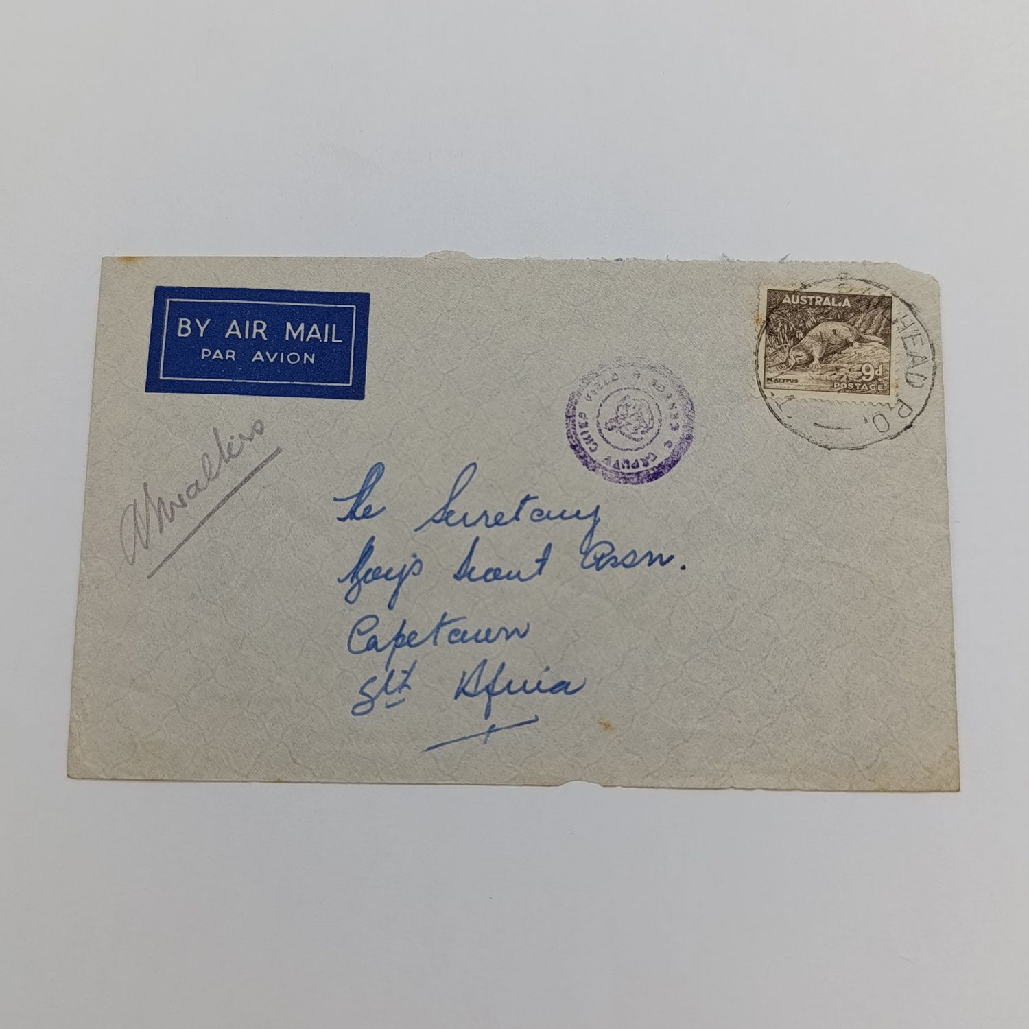 Airmail cover Australia to Cape Town South Africa with 9d stamp and Railhead P.O. cancellation - also blue airmail label and censor mark