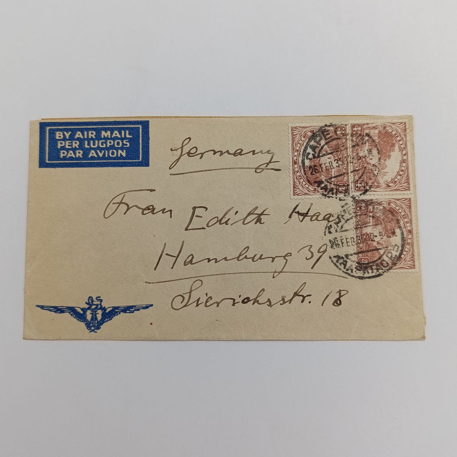 Air mail cover from Cape Town South Africa to Hamburg Germany 26 February 1935 with 1 pair and single SACC 35 stamps and Cape Town cancellation - Pre Printed ZHS Air mail Stationary