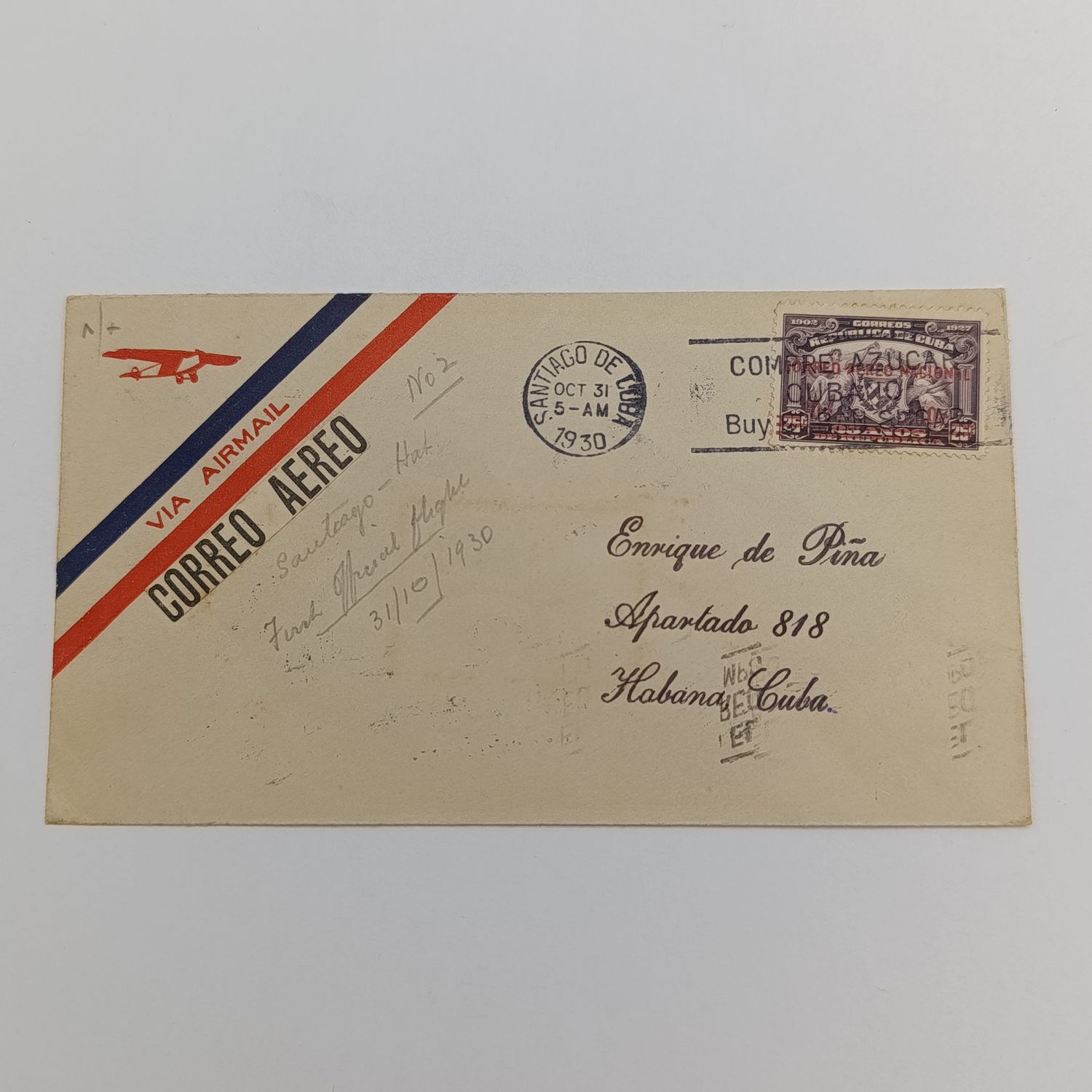 Cuban first flight cover 31 Oct 1930 Santiago to Havana on pre printed airmail cover with Cuban Air Service backstamp