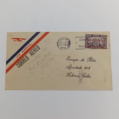 Cuban first flight cover 31 Oct 1930 Santiago to Havana on pre printed airmail cover with Cuban Air Service backstamp