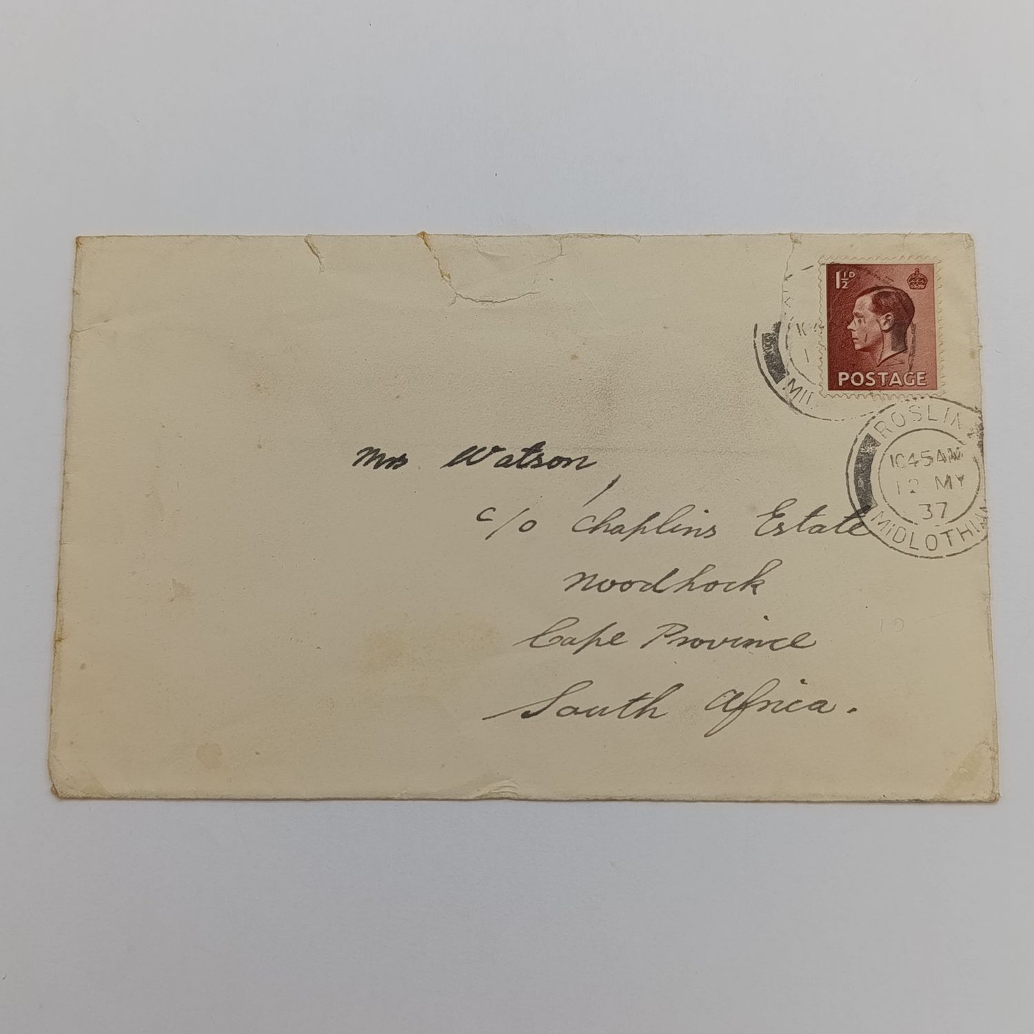 1937 Cover Roslin, Midlothian - Scotland to Noordhoek South Africa with 1 1/2d stamp