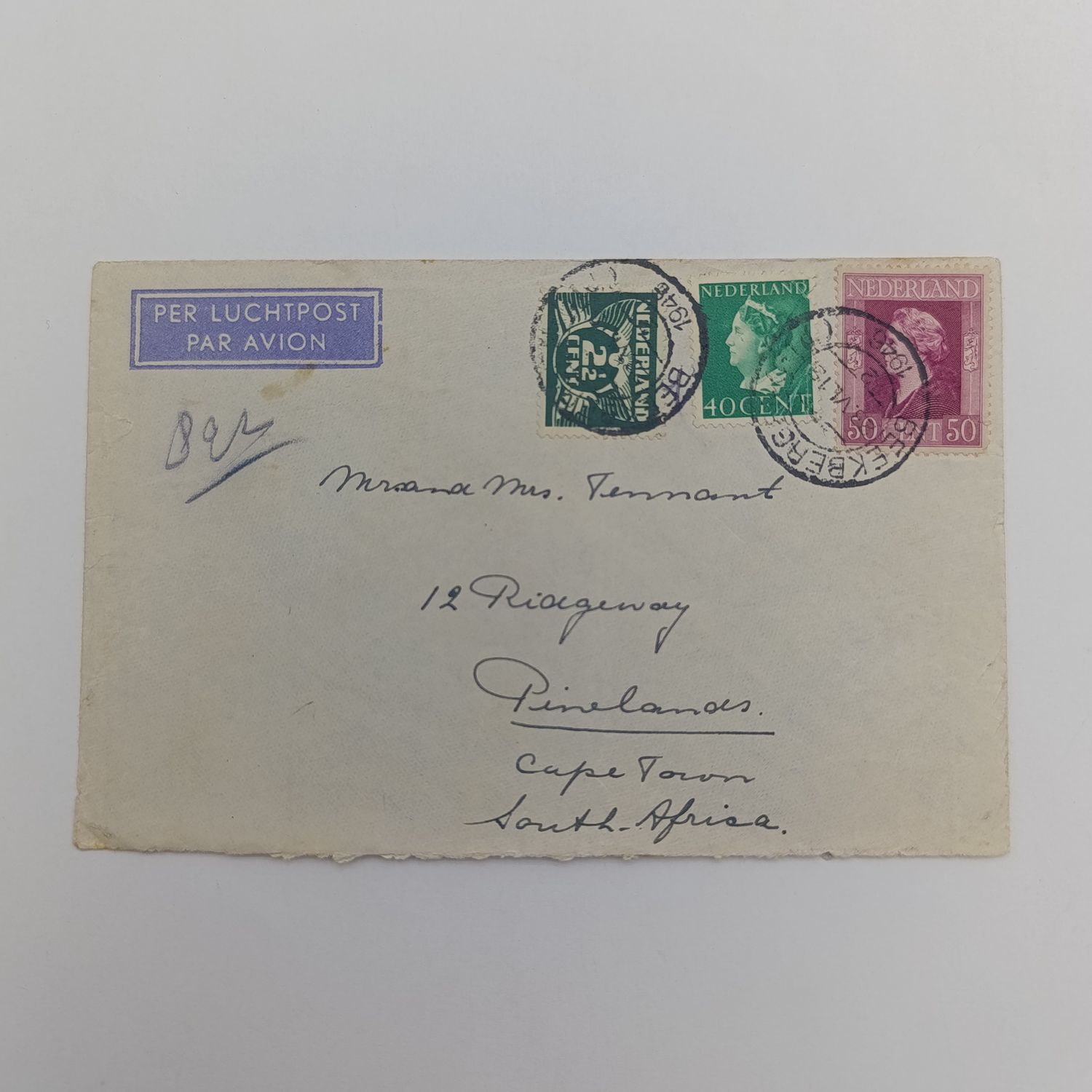 1946 Cover airmail Beekberg, Netherlands to Pinelands, South Africa with 3 Netherlands stamps