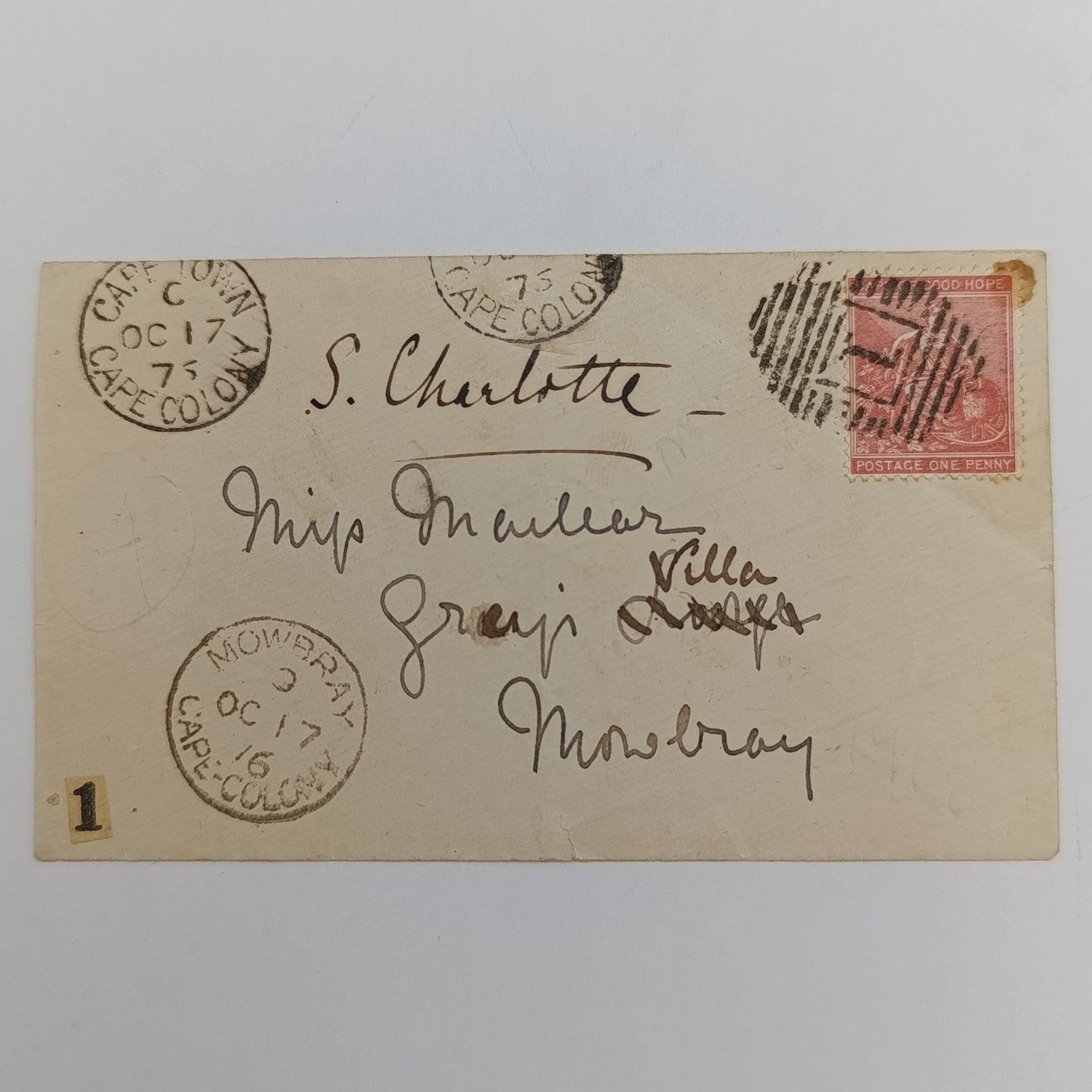1876 letter sent from Cape Town to Mowbray - one penny stamp with oval Numeral canceller of 1864