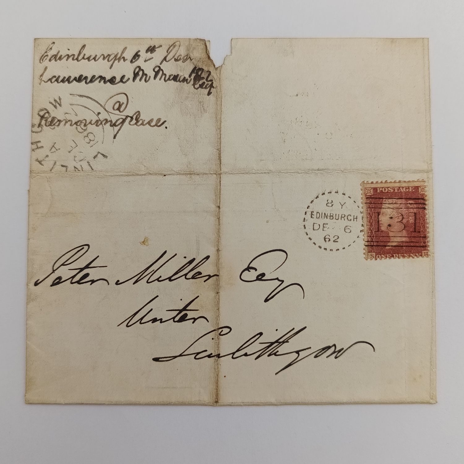1862 Scottish cover Edinburgh to Linlithgow with penny red with SH corners &amp; stars