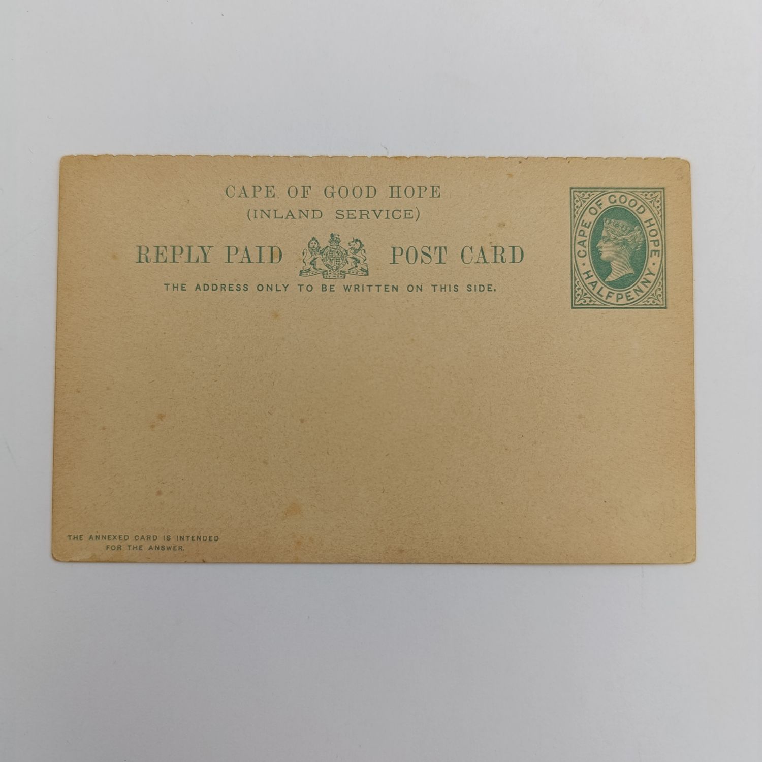 Cape of Good Hope - Inland Service Reply Paid post card - Prepaid half penny printed stamp - unused