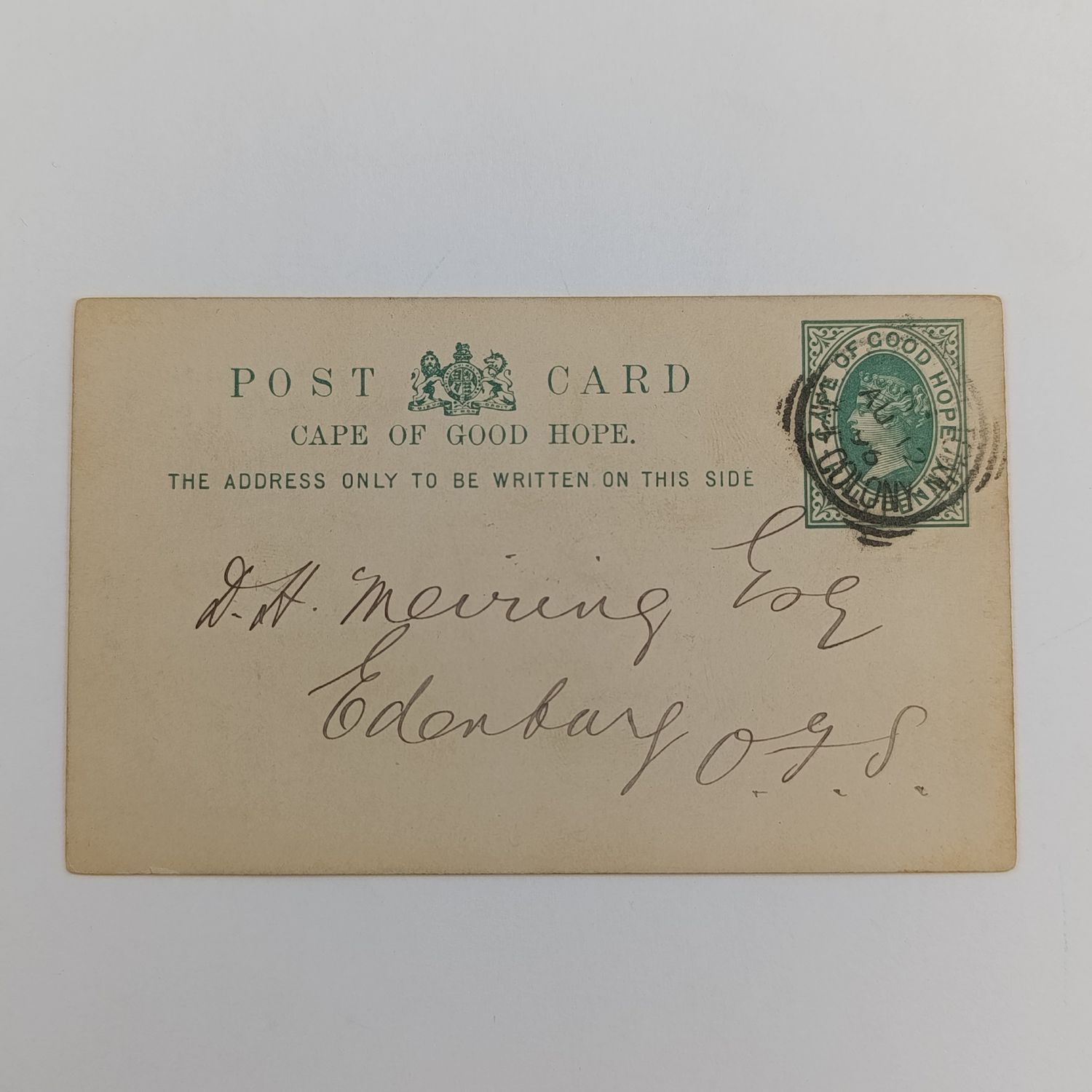 1896 Cape postcard to Edenburg, Free State - Prepaid Cape of Good Hope half penny postage - message from The Equitable life Assurance Society of U.S. stating &quot;you have not sent 6d for stamp&quot;