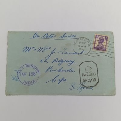 1942 On Active Service cover India to South Africa - Unit Censor W188 India rubber mark