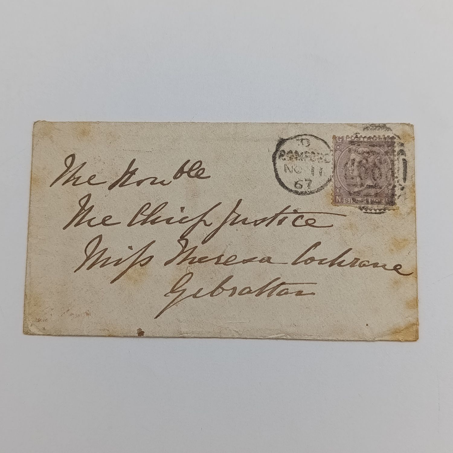 1867 Letter cover Banford, England to Gibraltar addressed to the Chief Justice with sixpence stamp - corner letters GN - some browning backstamped in red London - E B7