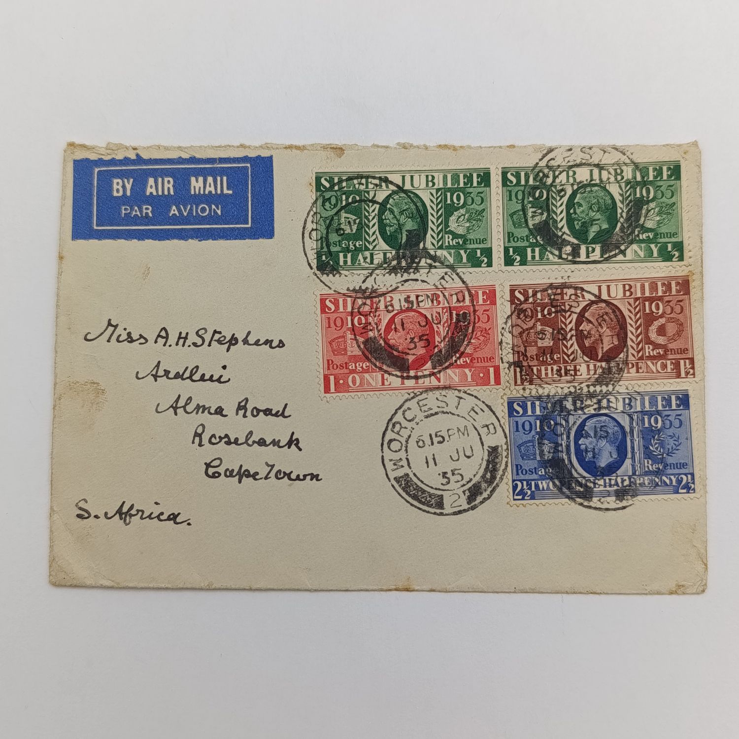Airmail letter Worcester, UK to Cape Town, South Africa 11 June 1935 with set of George 5 silver jubilee stamps
