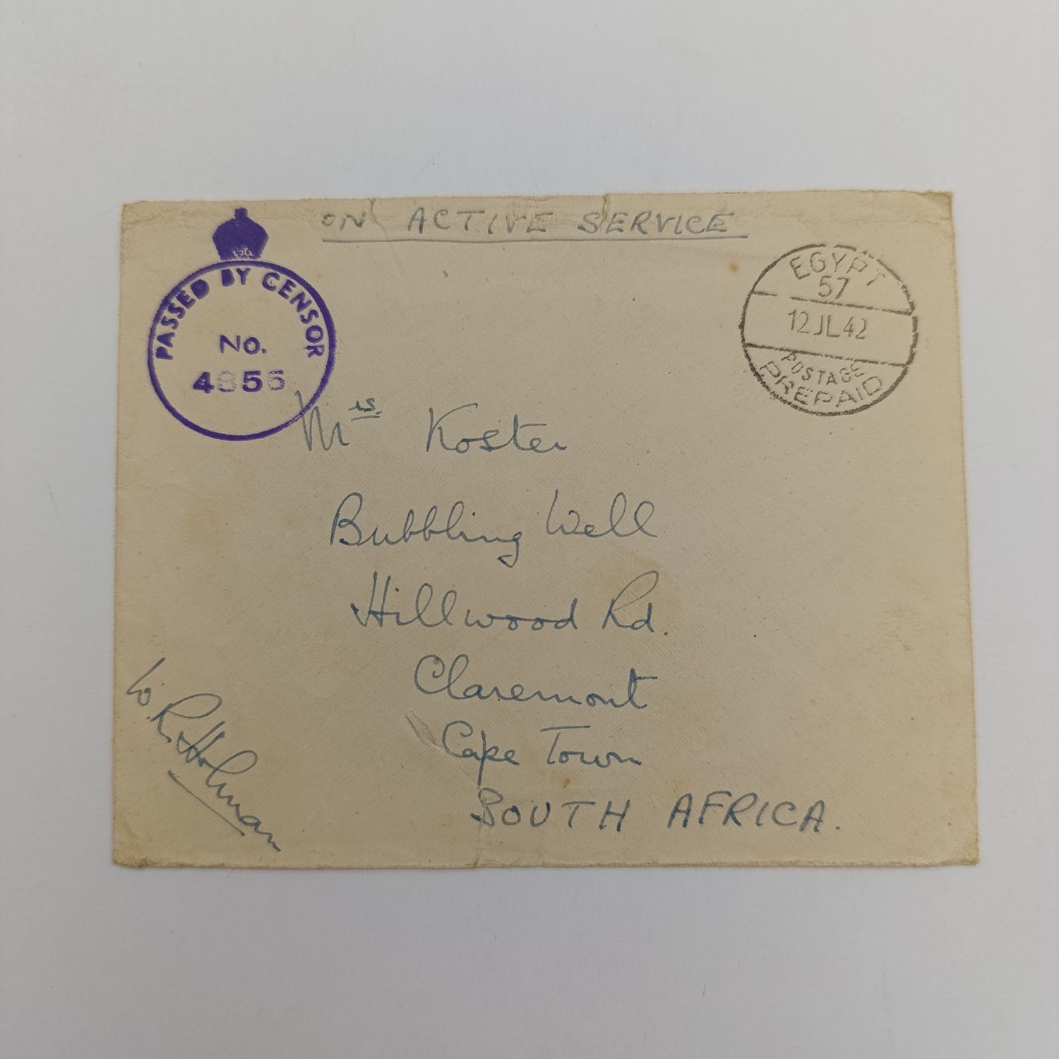 On active service WW2 Cover - Egypt (ST) to Claremont South Africa - Passed by Censor no 4855 mark