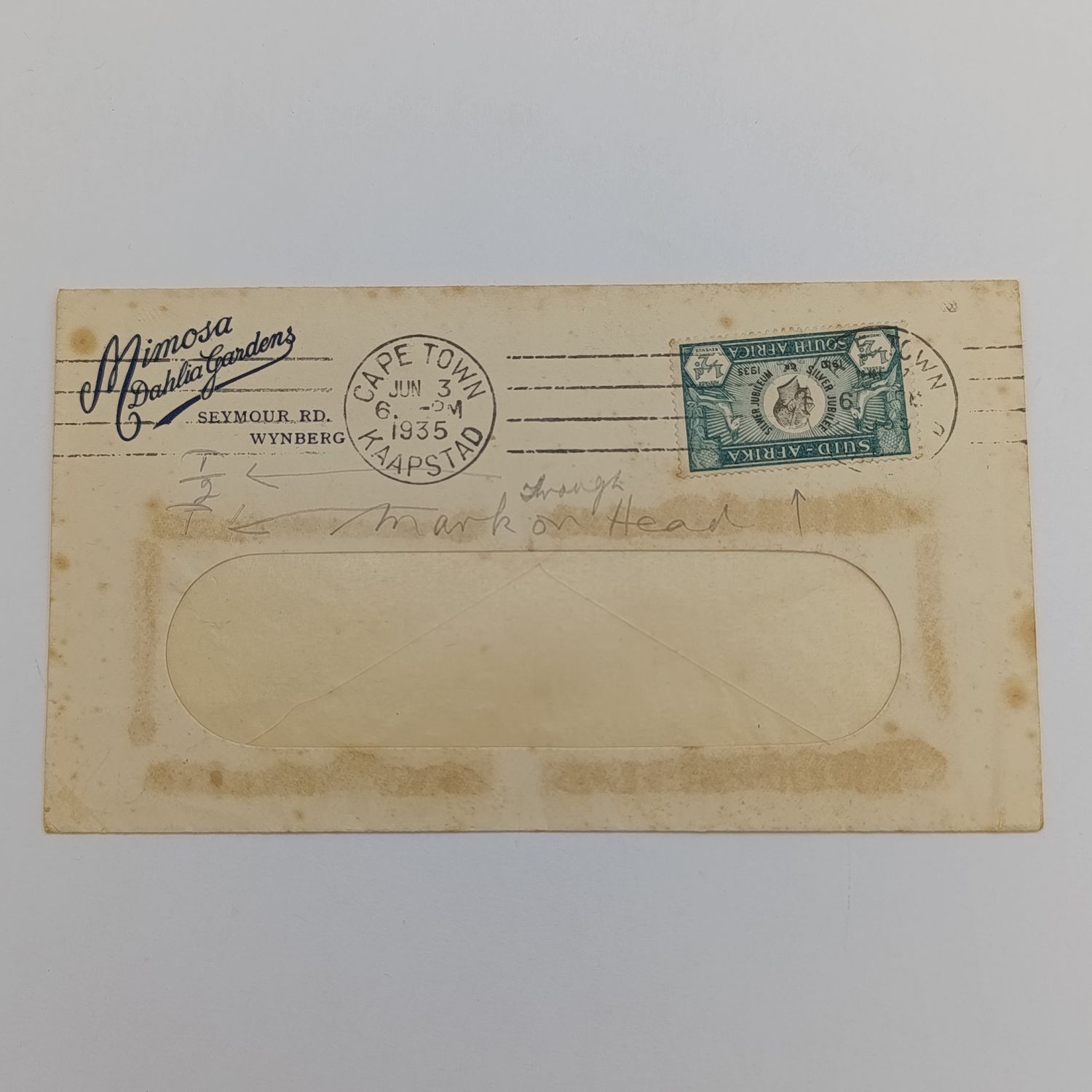 Cover posted Cape Town to Fishhoek 3-6-1935 on Mimosa Dahlia Gardens Stationary - 1/2d Silver jubilee stamp Cleft skull variety - light Foxing marks
