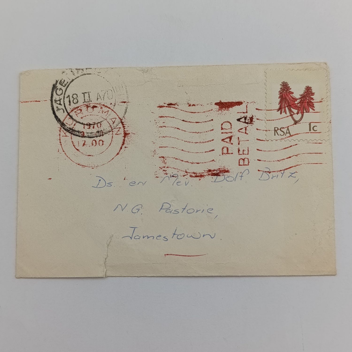 Small envelope with RSA 1 stamp cancelled Kuruman 1970 in red ink and Jagersfontein in black ink - Kuruman to Jamestown
