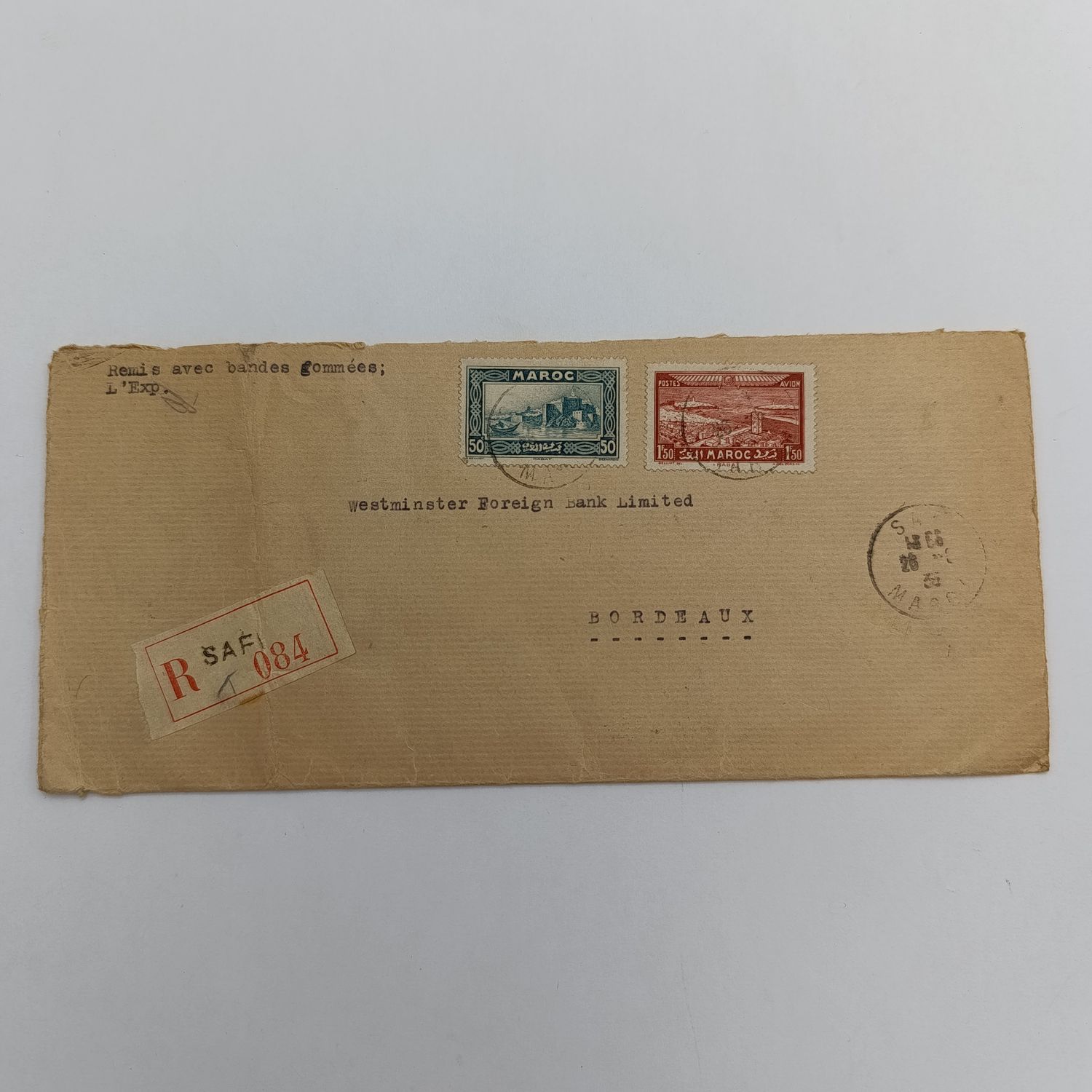 Registered postal cover from Safi, Morocco to Bordeaux, France 1935 - with 1 Francs 50 and 50 cent Moroccan stamps