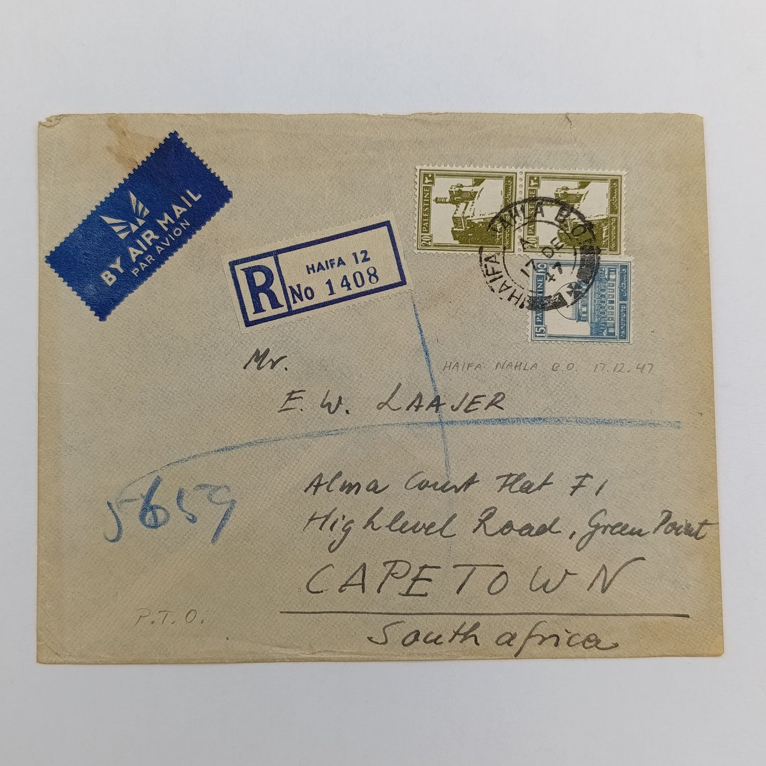 Registered airmail cover from Haifa Nahla to Cape Town South Africa with 3 Palestine stamps - 17 December 1947