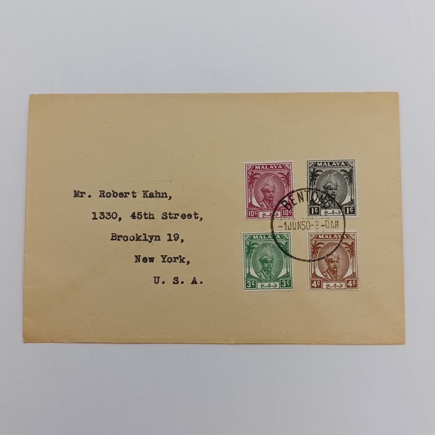 Postal cover from Bentang, Malaysia to New York, USA 1 June 1950 - Good condition with 1c,3c,4c,10c Malaysian stamps with 1c, 3c, 4c, 10c Malaysian stamps