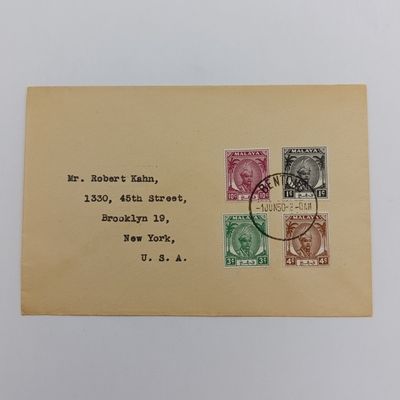 Postal cover from Bentang, Malaysia to New York, USA 1 June 1950 - Good condition with 1c,3c,4c,10c Malaysian stamps with 1c, 3c, 4c, 10c Malaysian stamps
