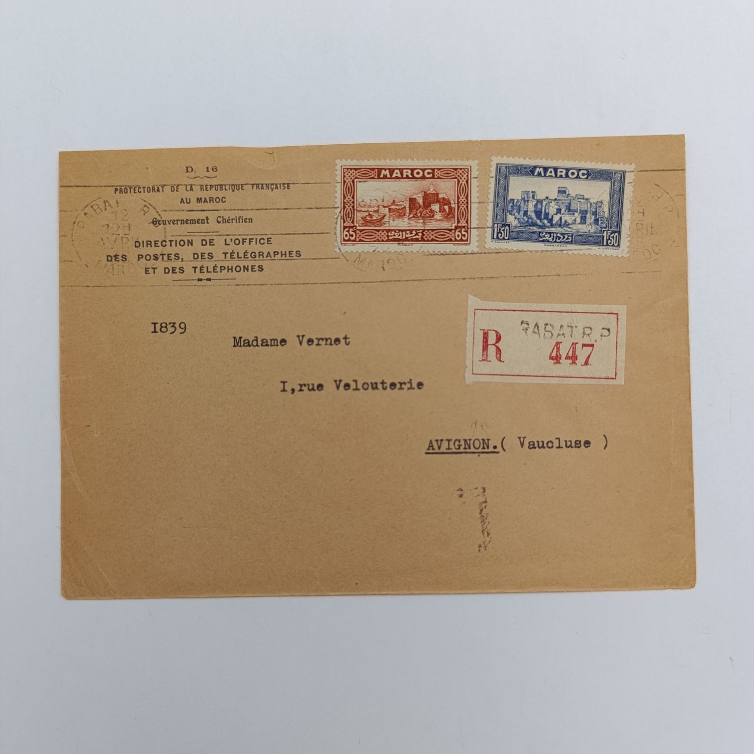 Registered Postal cover from Rabat, Morocco to Avignon, Vaucluse with 2 Moroccan stamps - 1938 - Back Cover Avignon, Vaucluse cancellation